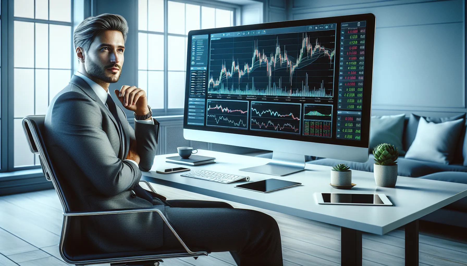 Trader using Binance spot trading interface on monitor in modern office.