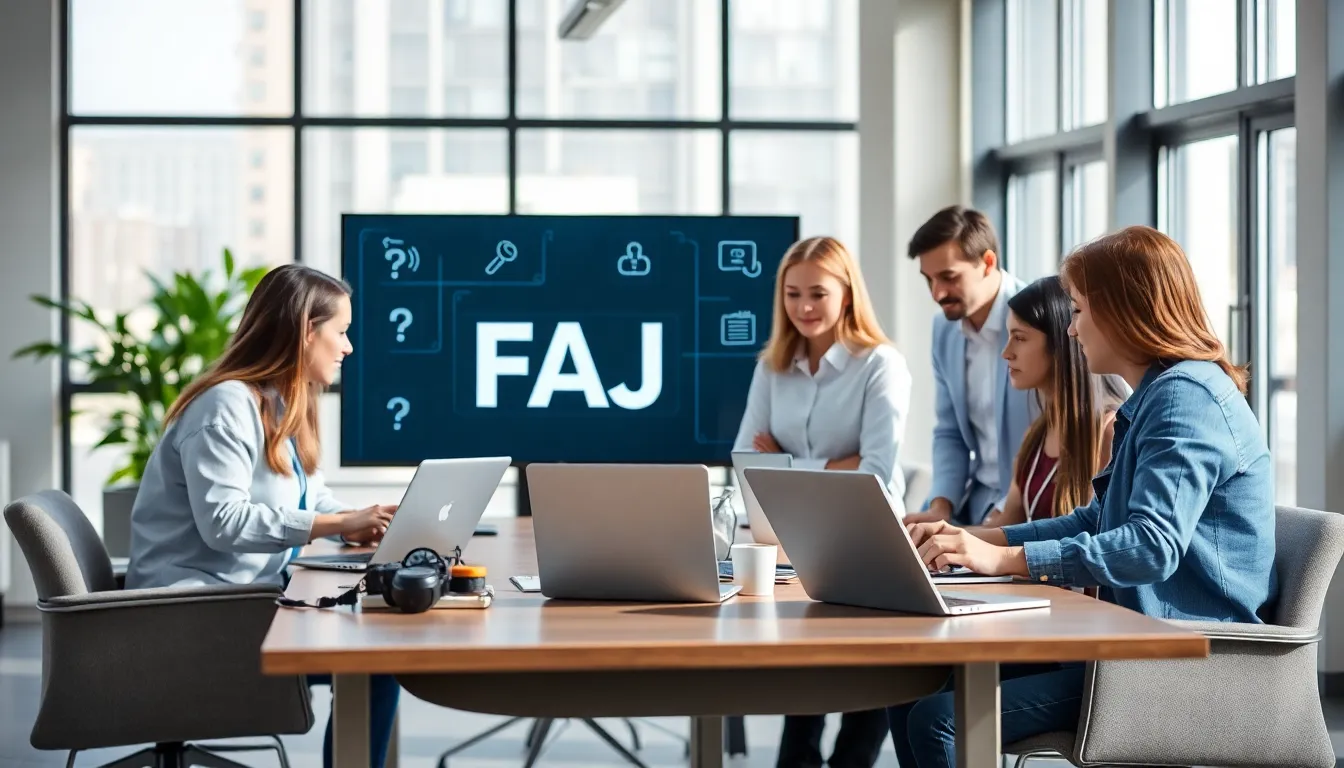 diverse team collaborating on FAQ software in a modern office.