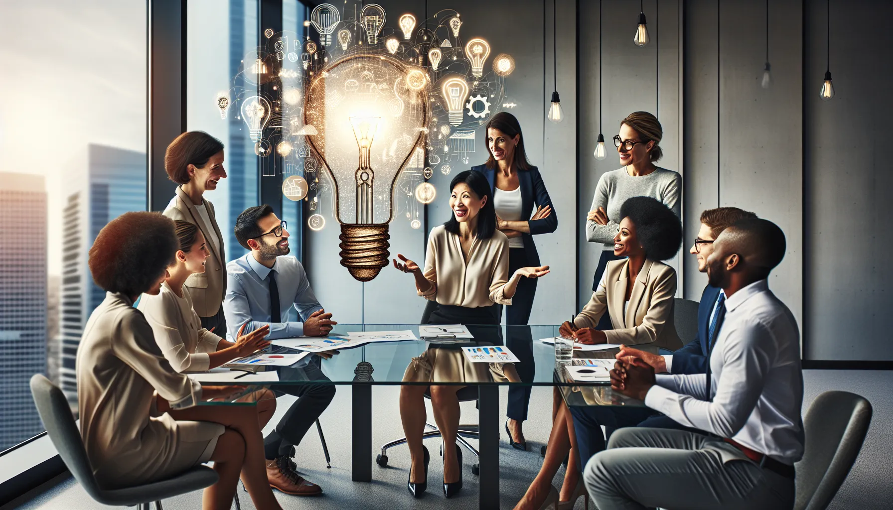diverse team discussing ideas in a bright, modern office.