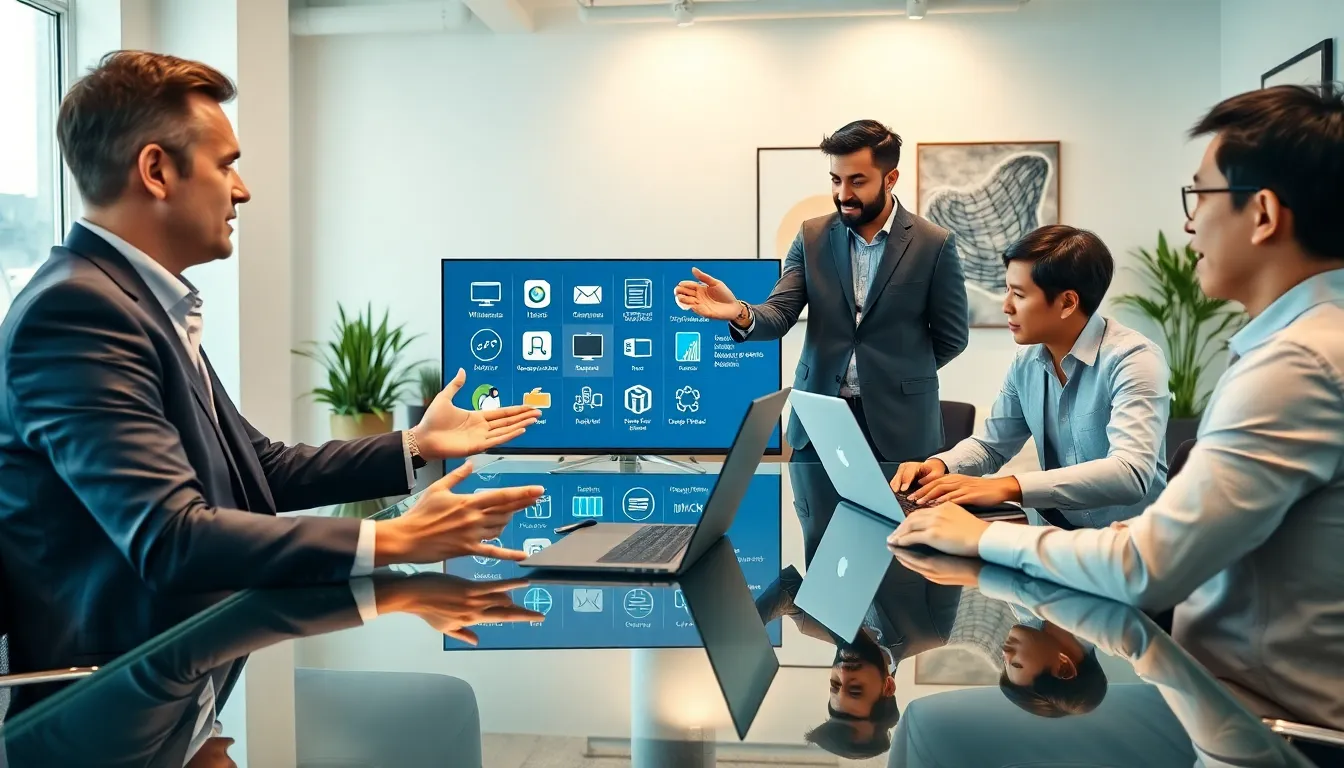 team discussing software types in a modern office setting.