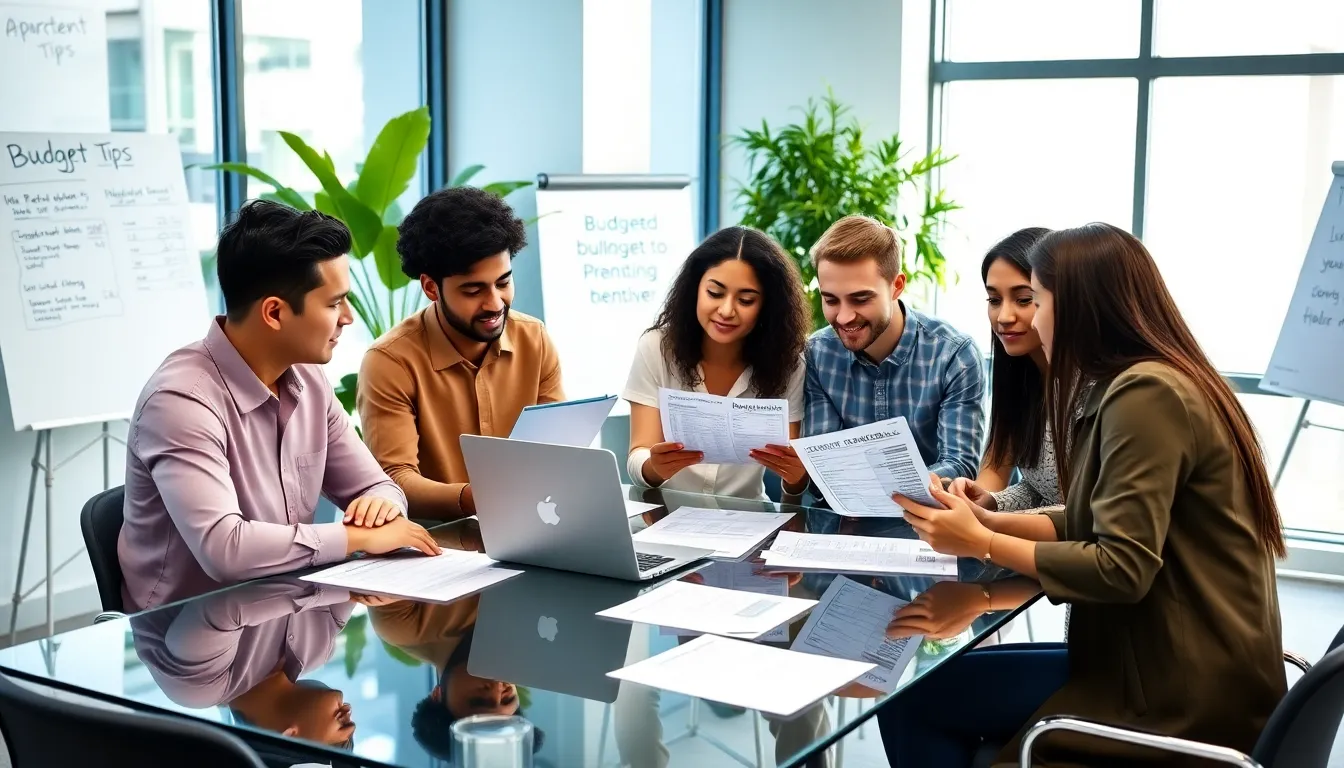 diverse professionals discussing budget planning for renting an apartment