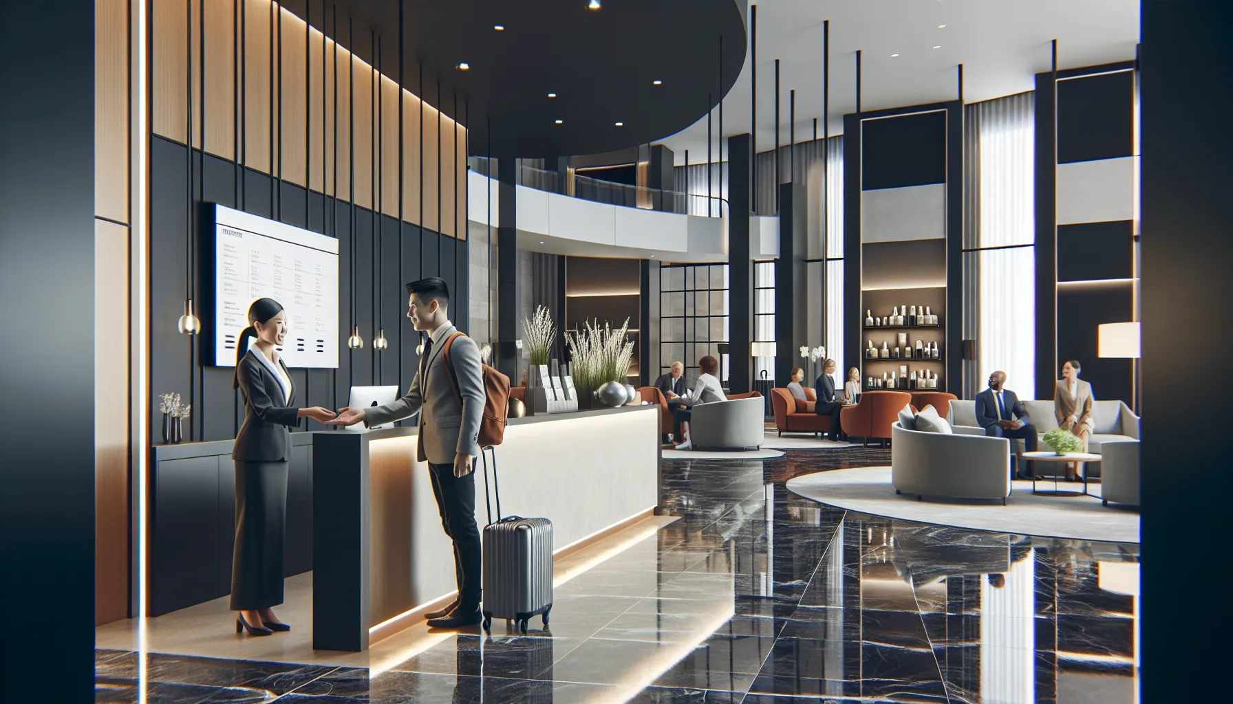 traveler checking into a modern hotel with a friendly staff.