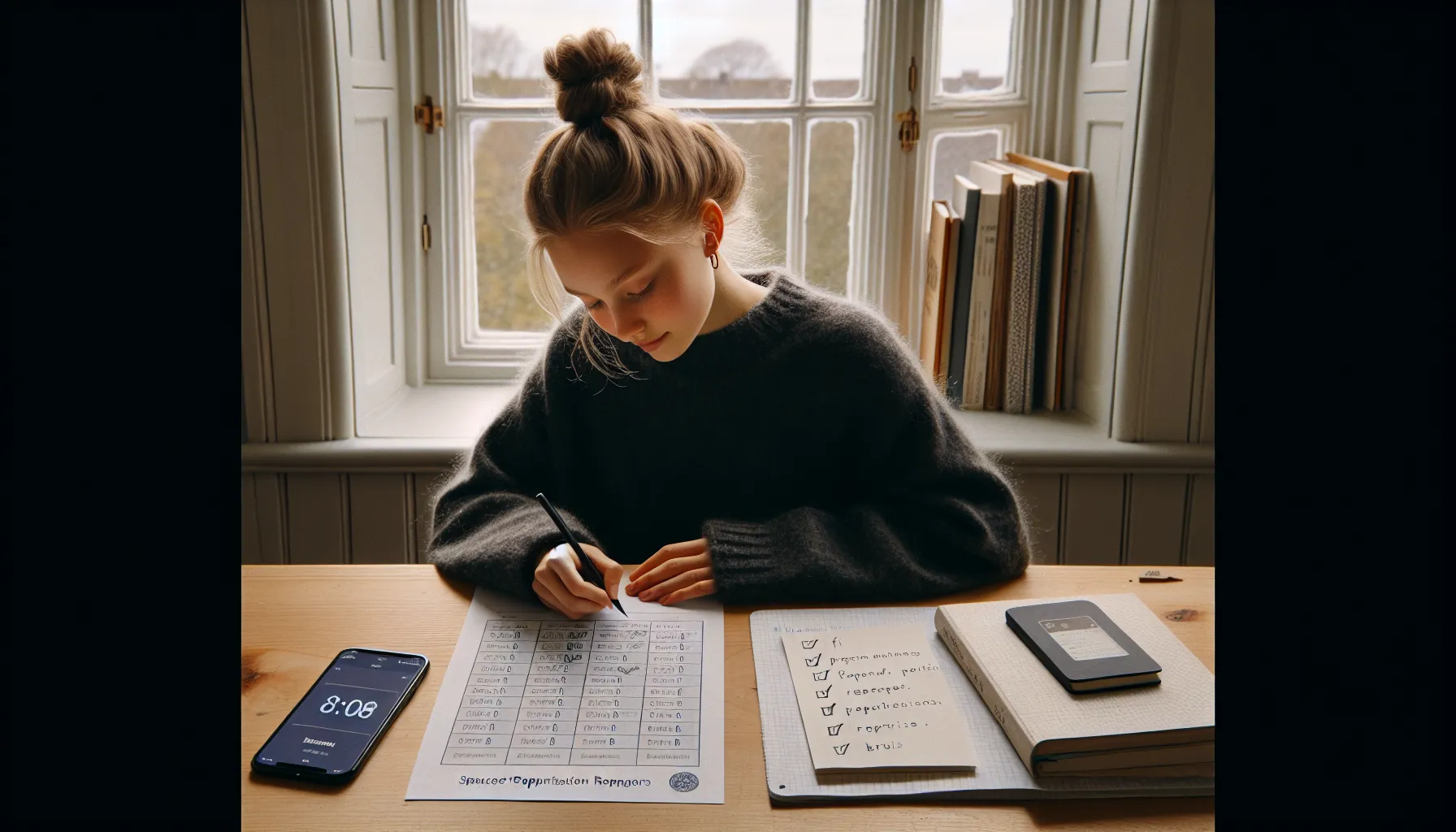 Eksamensangst: konkrete verktøy for å hjelpe tenåringen din med å mestre stress 3 Norwegian teen calmly studies with checklist, timer, flashcards, water, and snacks.