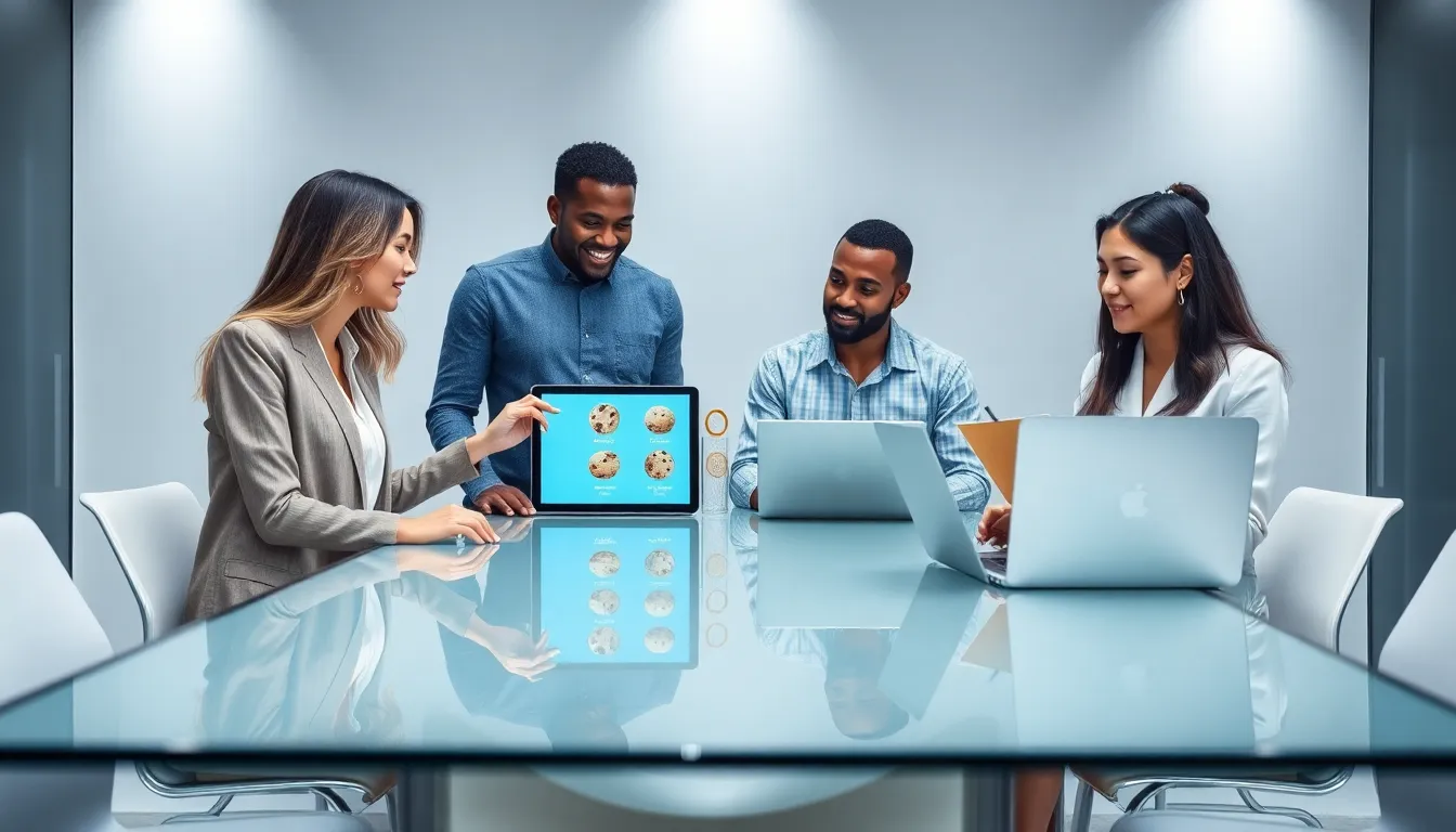 diverse team discussing website cookies in a modern office.