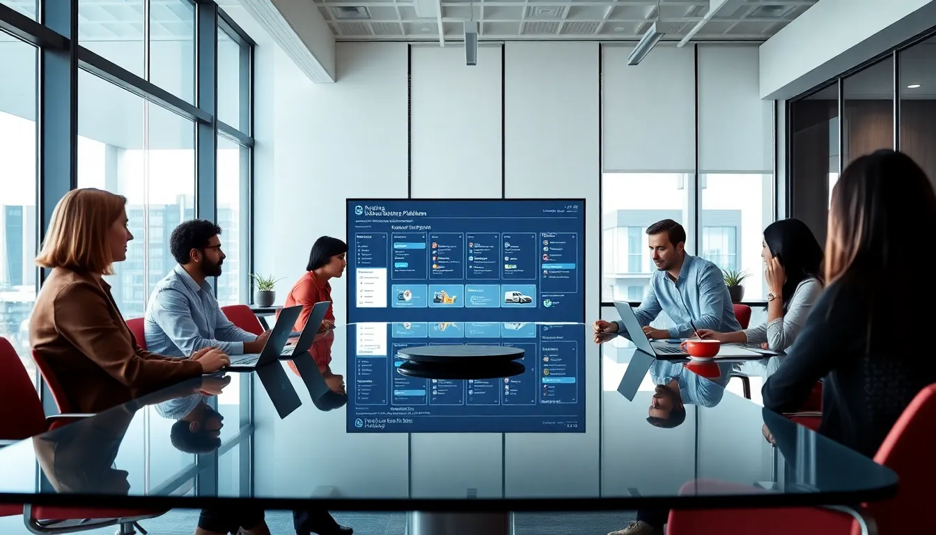 team discussing web hosting solutions in a modern office.