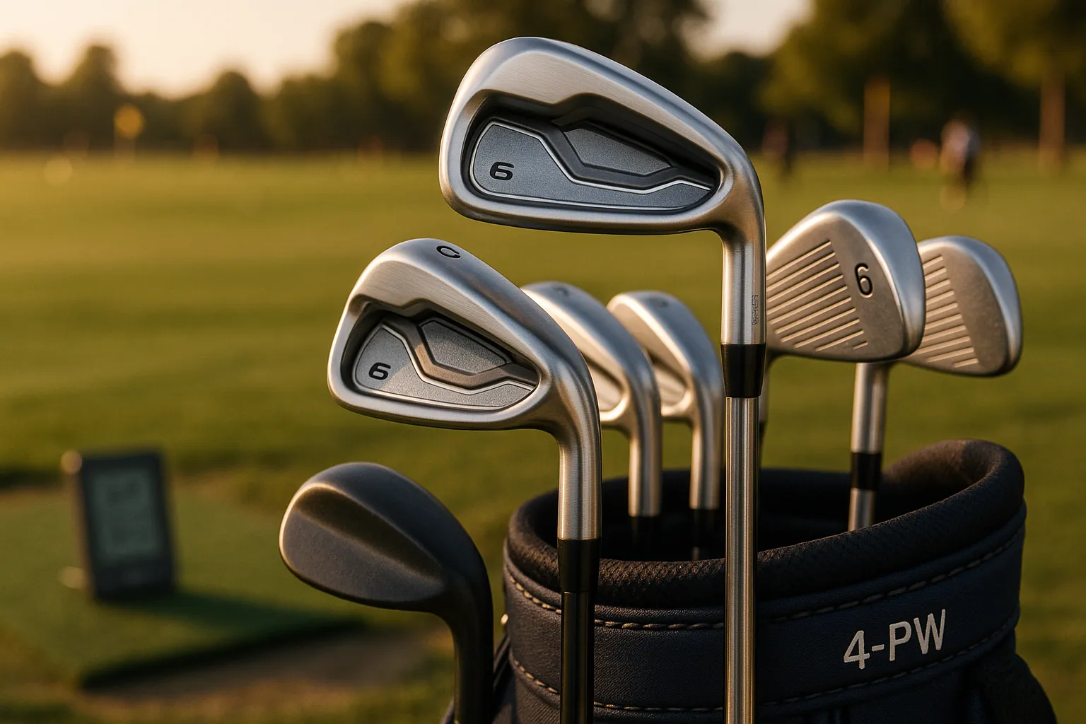 close-up of game‑improvement irons (4–PW) and a hybrid at a driving range