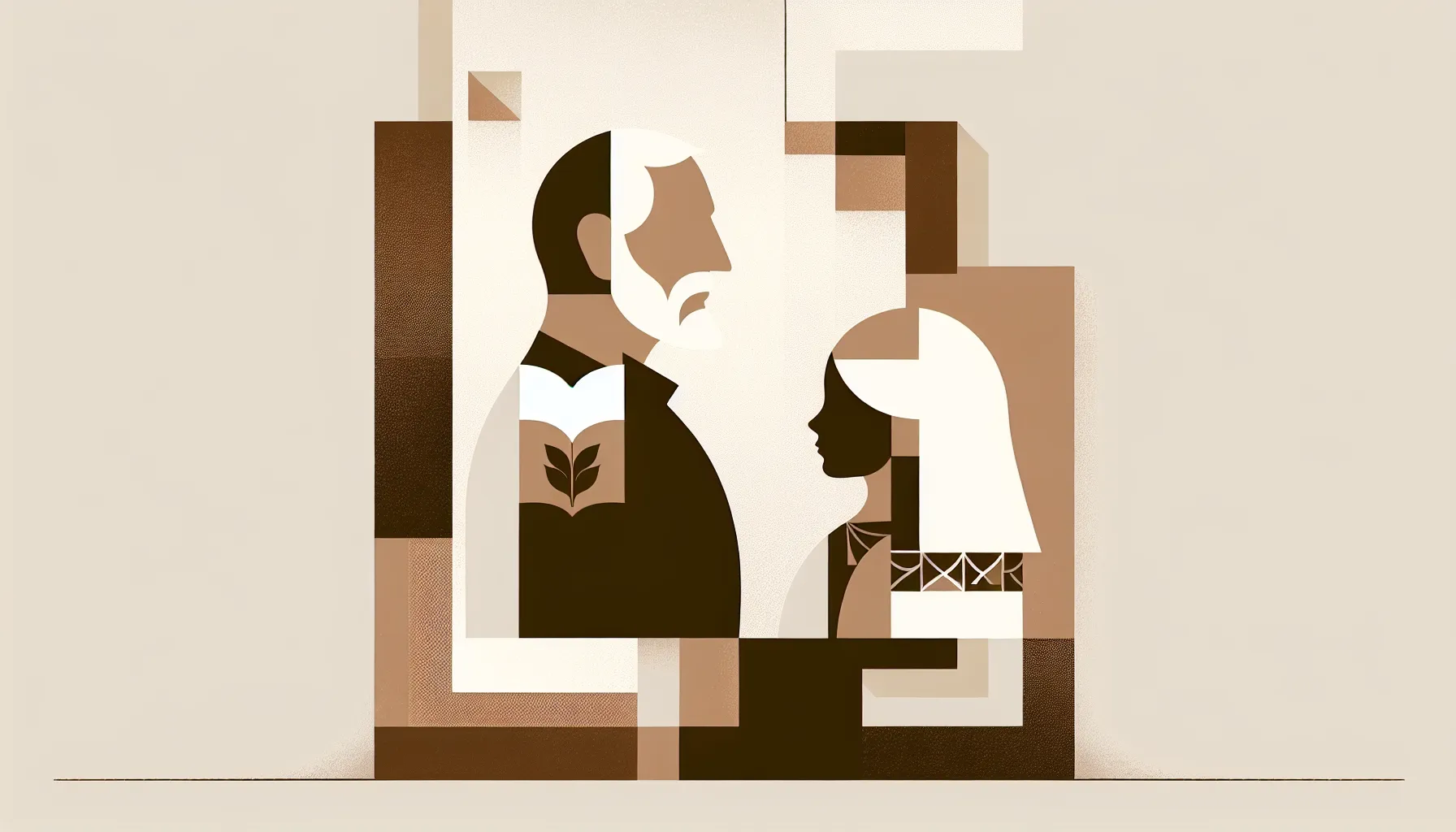 Two silhouettes representing father and child facing each other with an open book between them