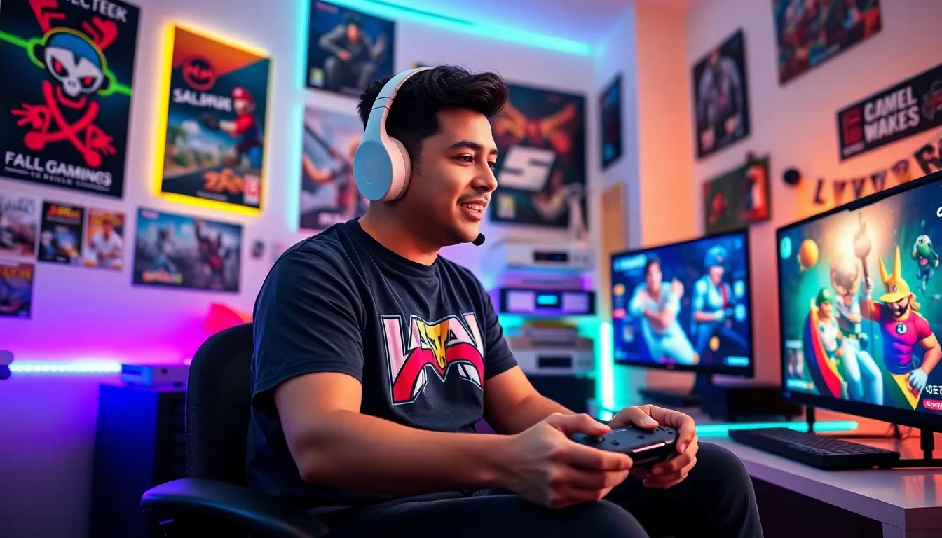 A young Hispanic man streaming gaming content in a colorful setup.