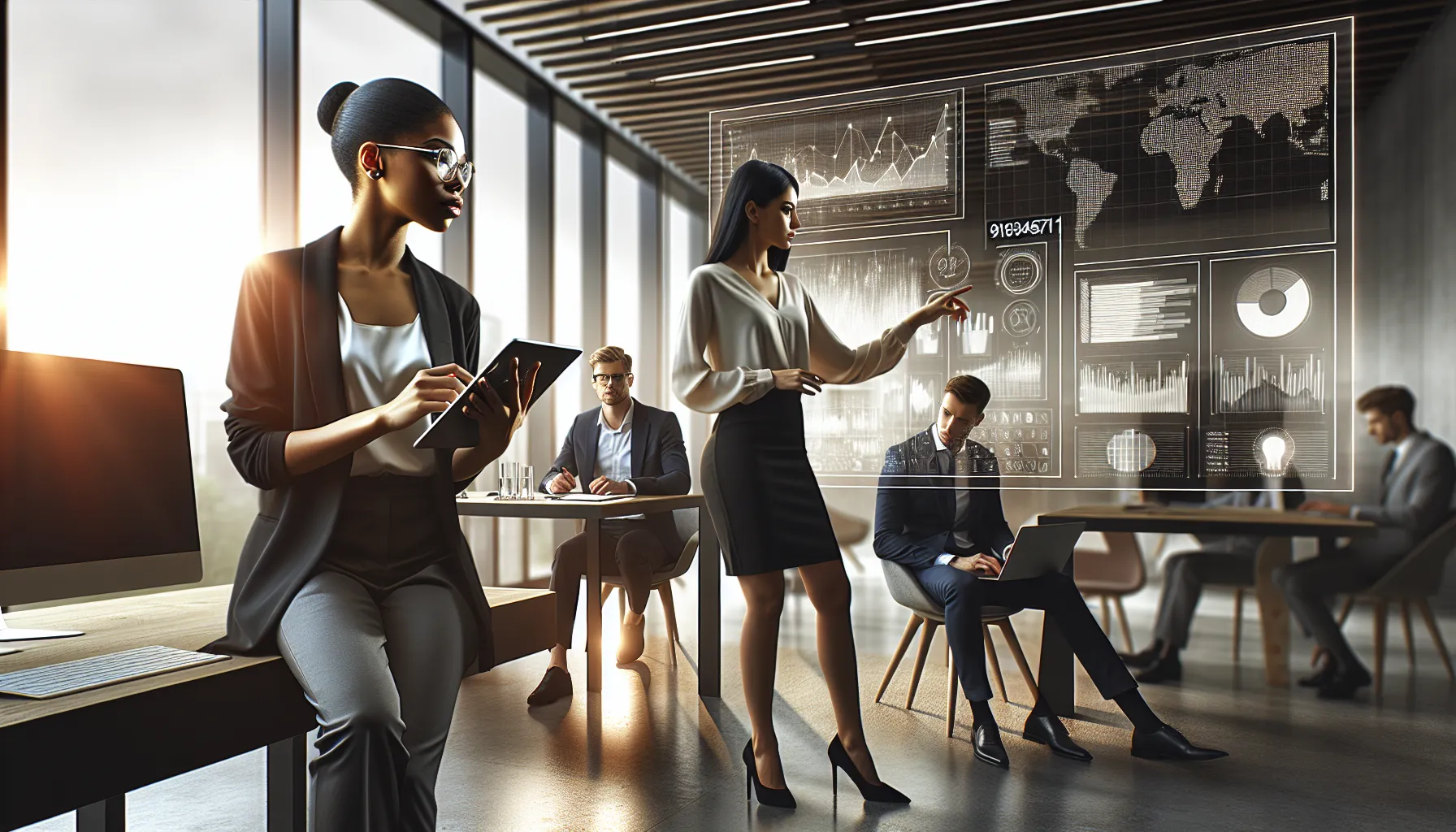 diverse team analyzing data in a modern office setting.