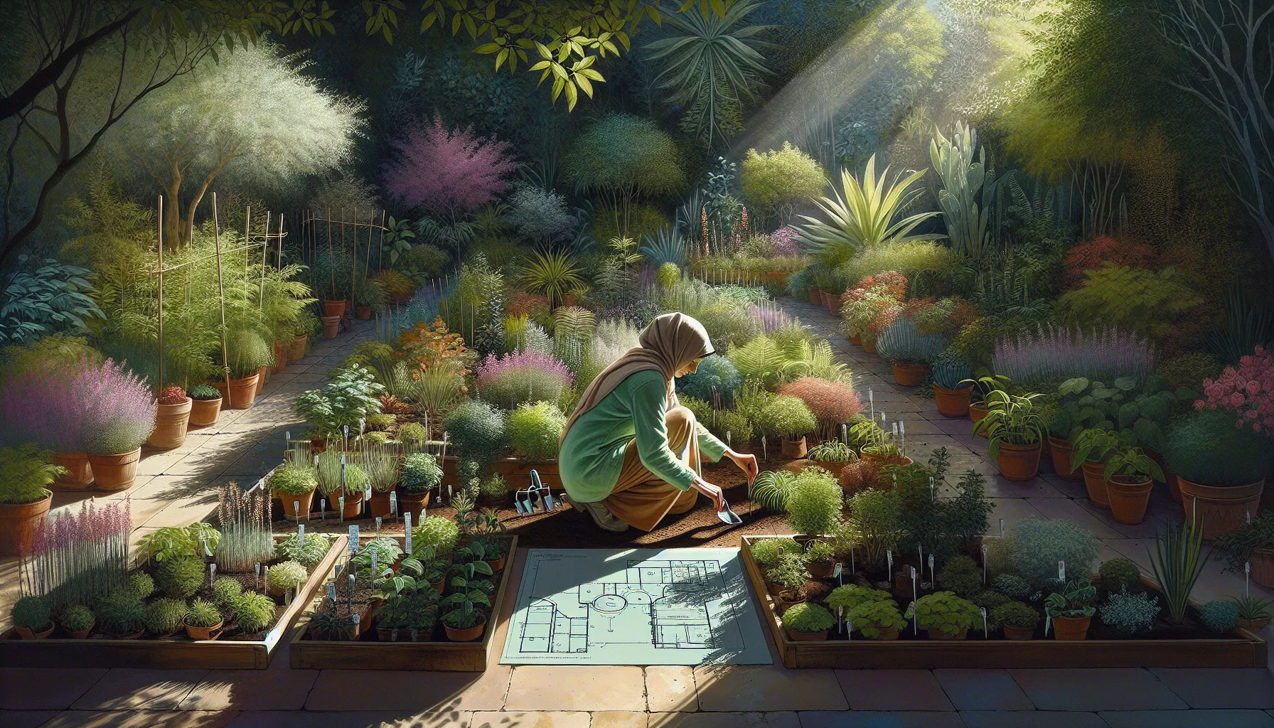 gardener examining soil in a vibrant outdoor garden.