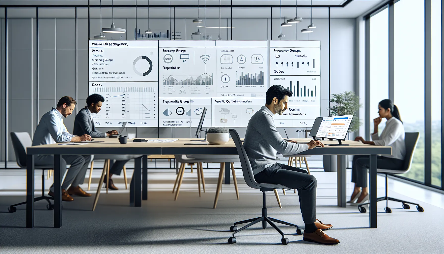 Data professionals scheduling Power BI report subscriptions in a modern corporate office.