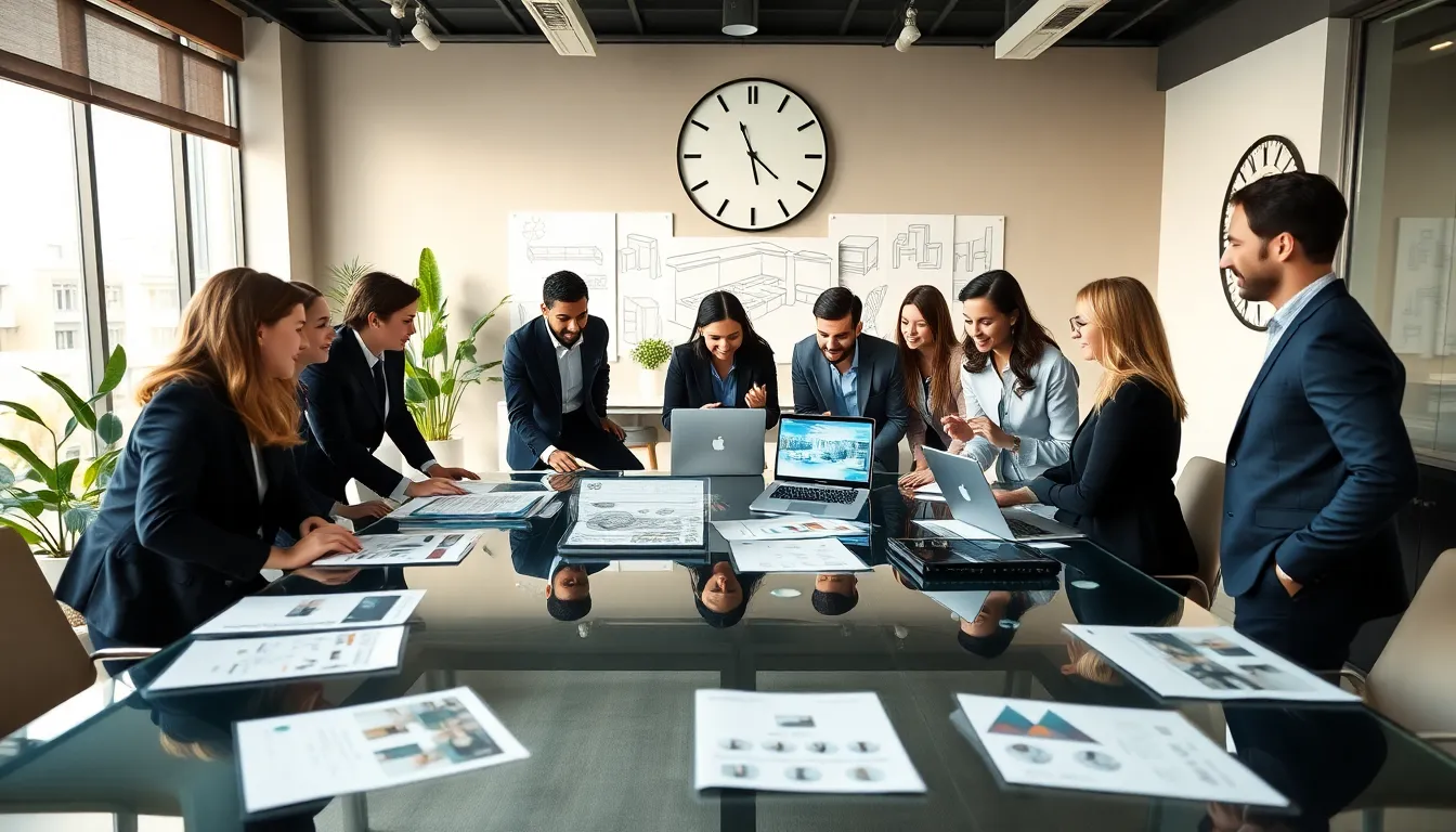 diverse team of interior designers collaborating in a modern office setting.