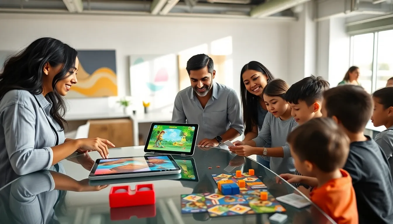 diverse group engaged in collaborative gameplay in a modern workspace.