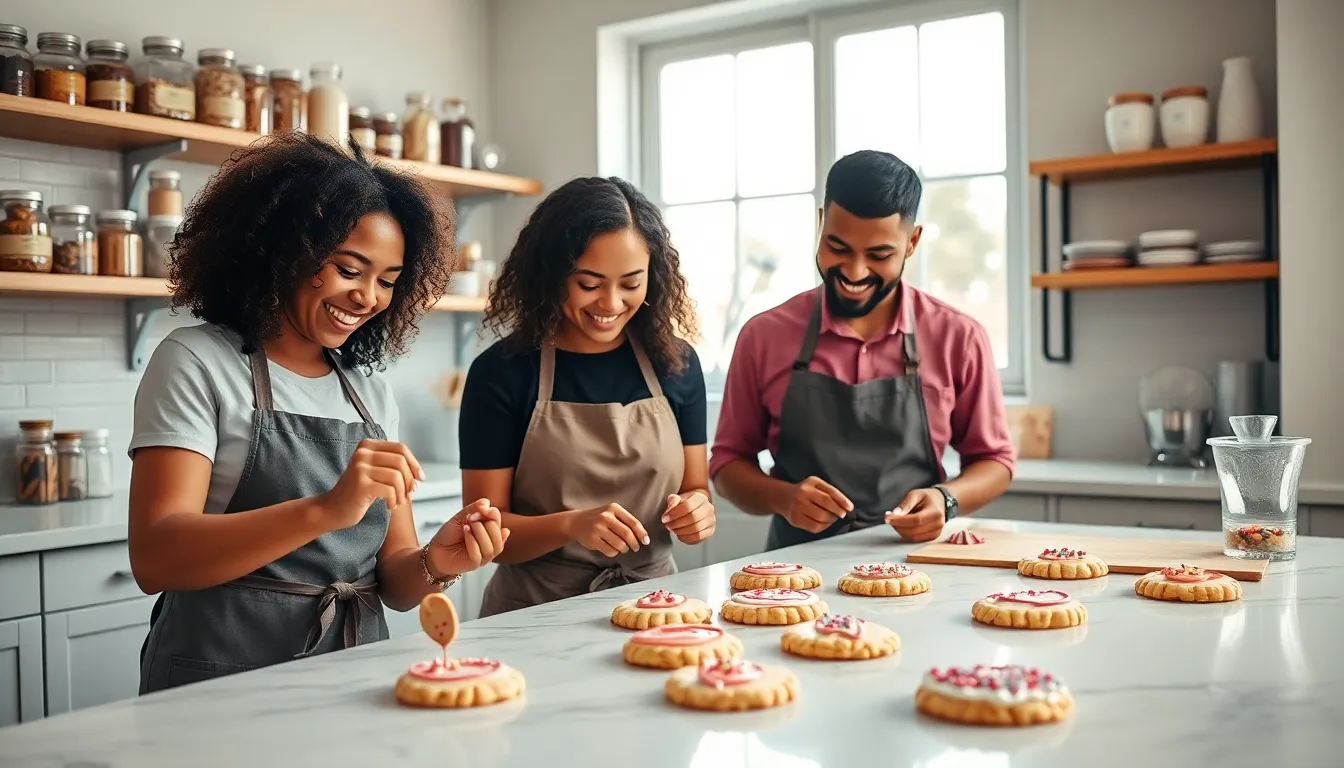 diverse bakers decorating cookies in a bright kitchen.