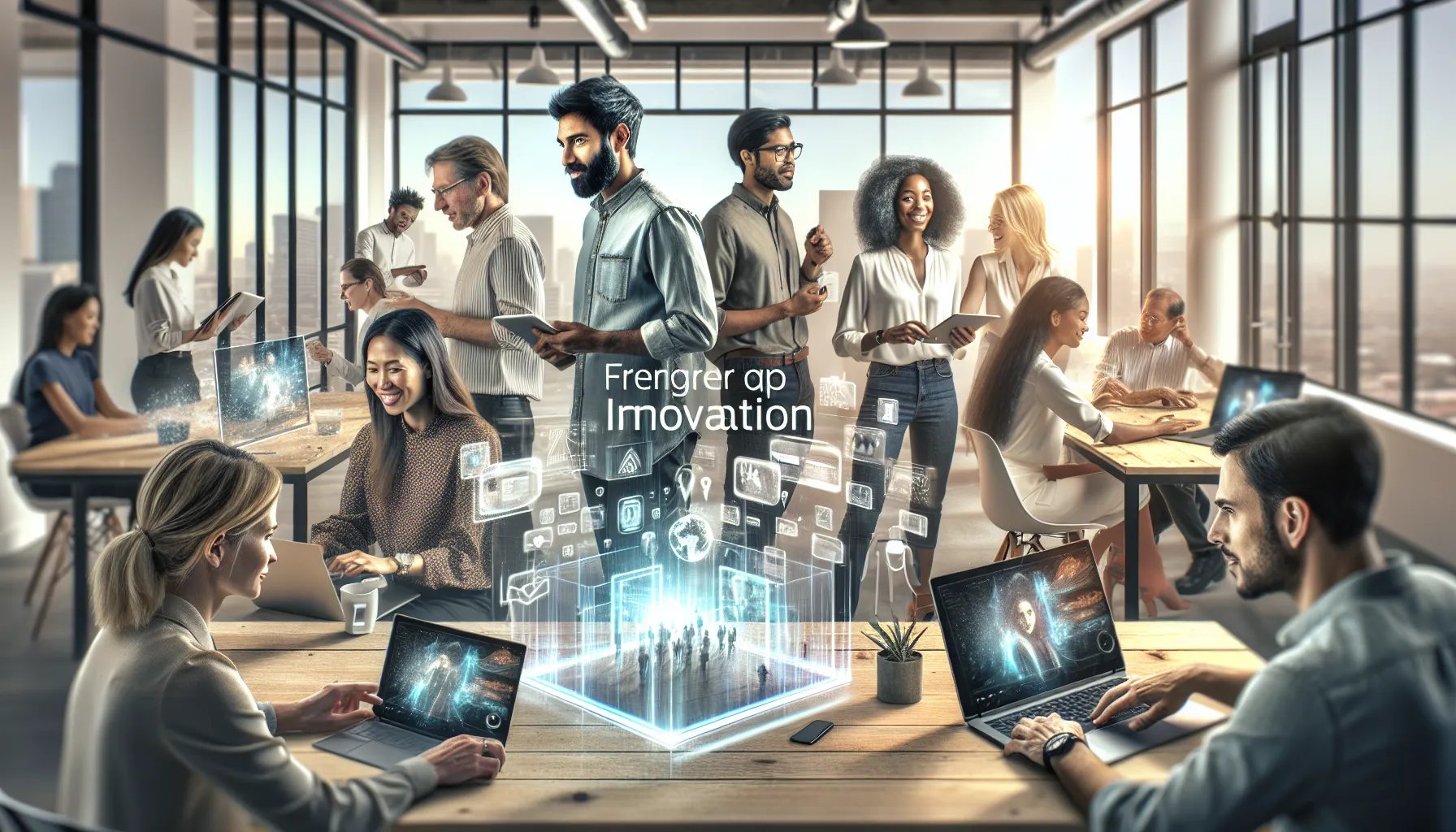 professionals using augmented reality in a modern office setting.