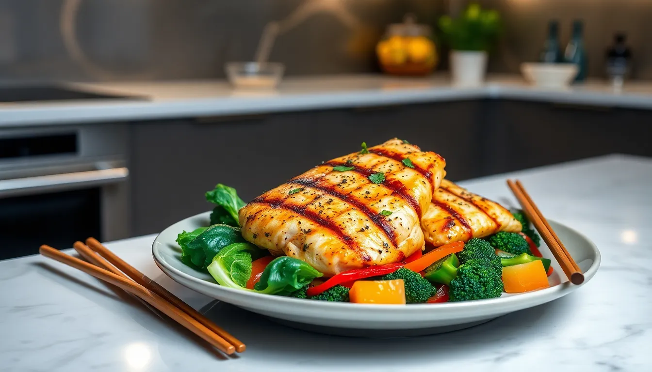Grilled chicken with fresh vegetables in a modern kitchen setting.