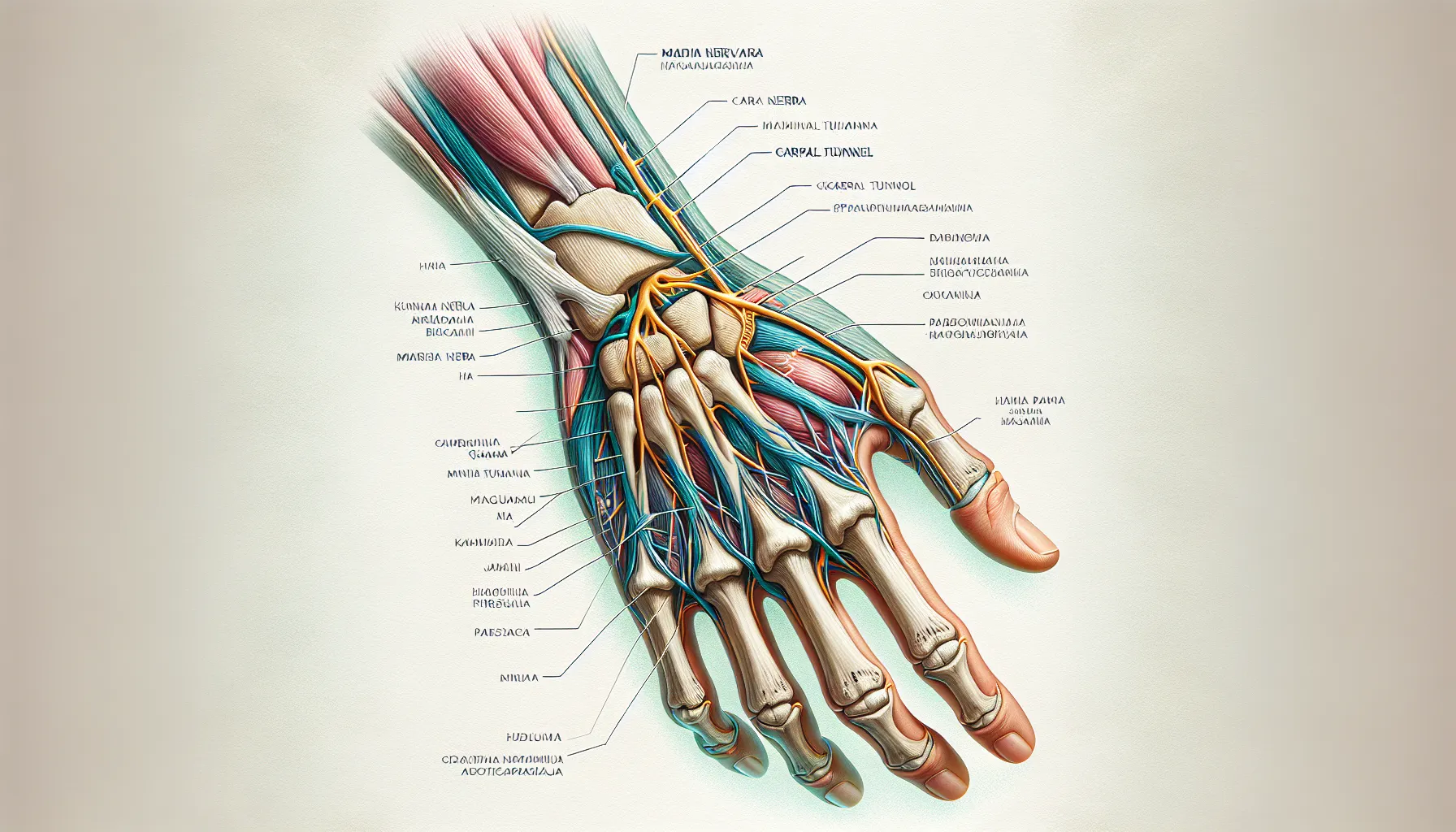 Medical illustration of wrist anatomy showing carpal tunnel and median nerve compression.
