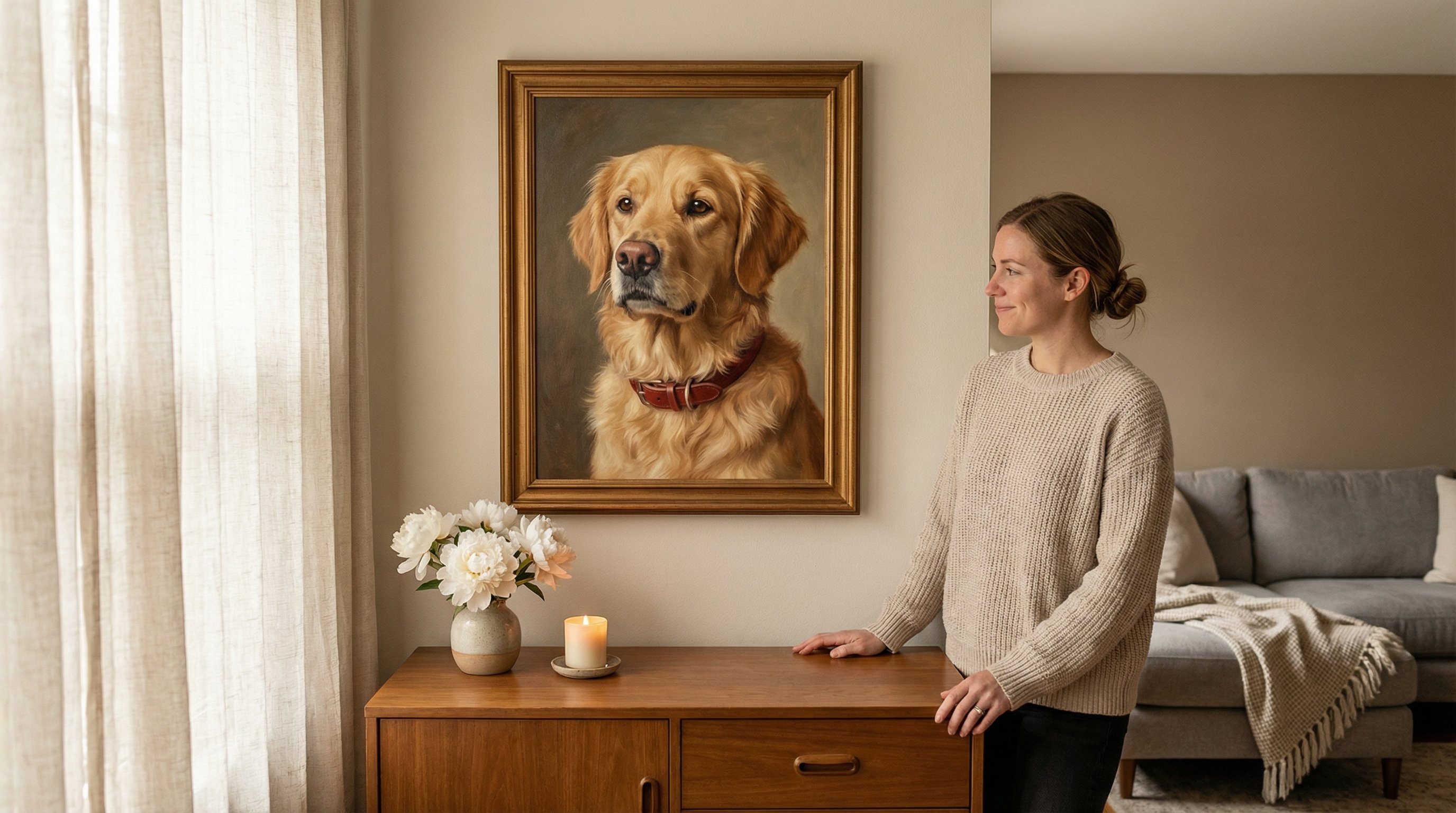Woman gazing at a framed dog memorial portrait in a sunlit living room.