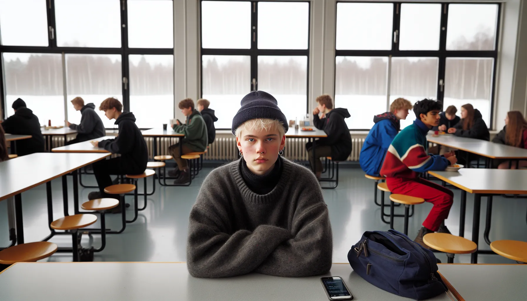 Isolated student checks excluded russechat while peers whisper in a norwegian cafeteria.