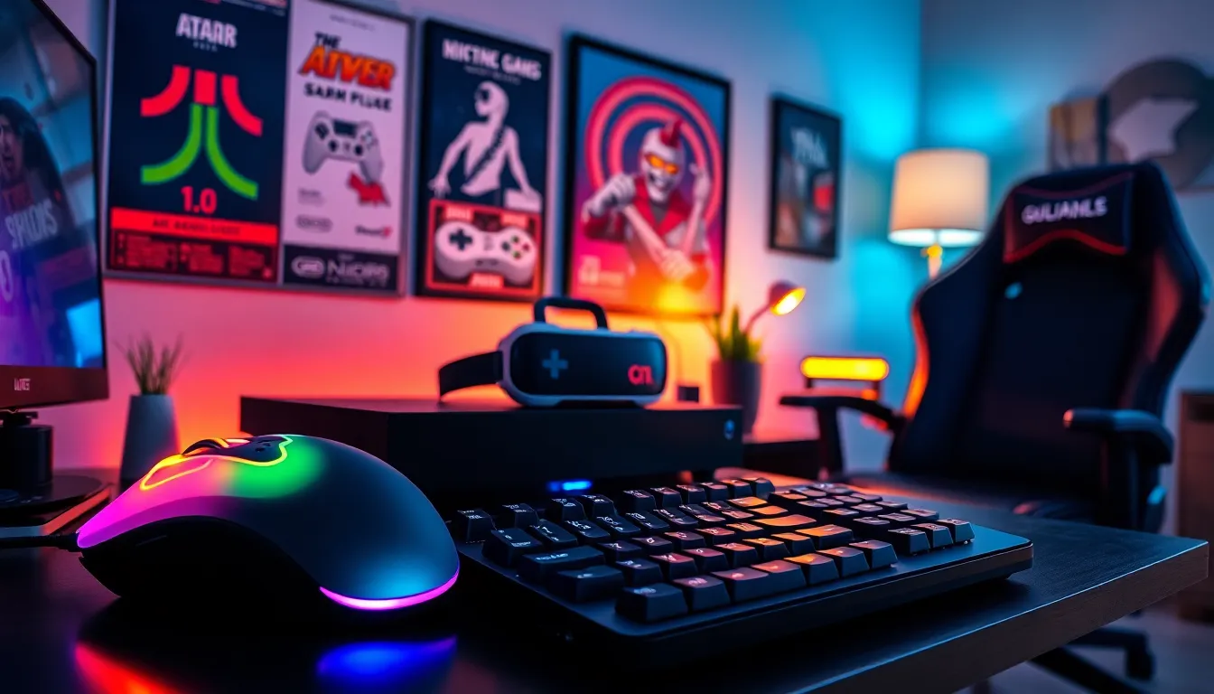 a modern gaming setup featuring a high-tech mouse, VR headset, and nostalgic console posters.
