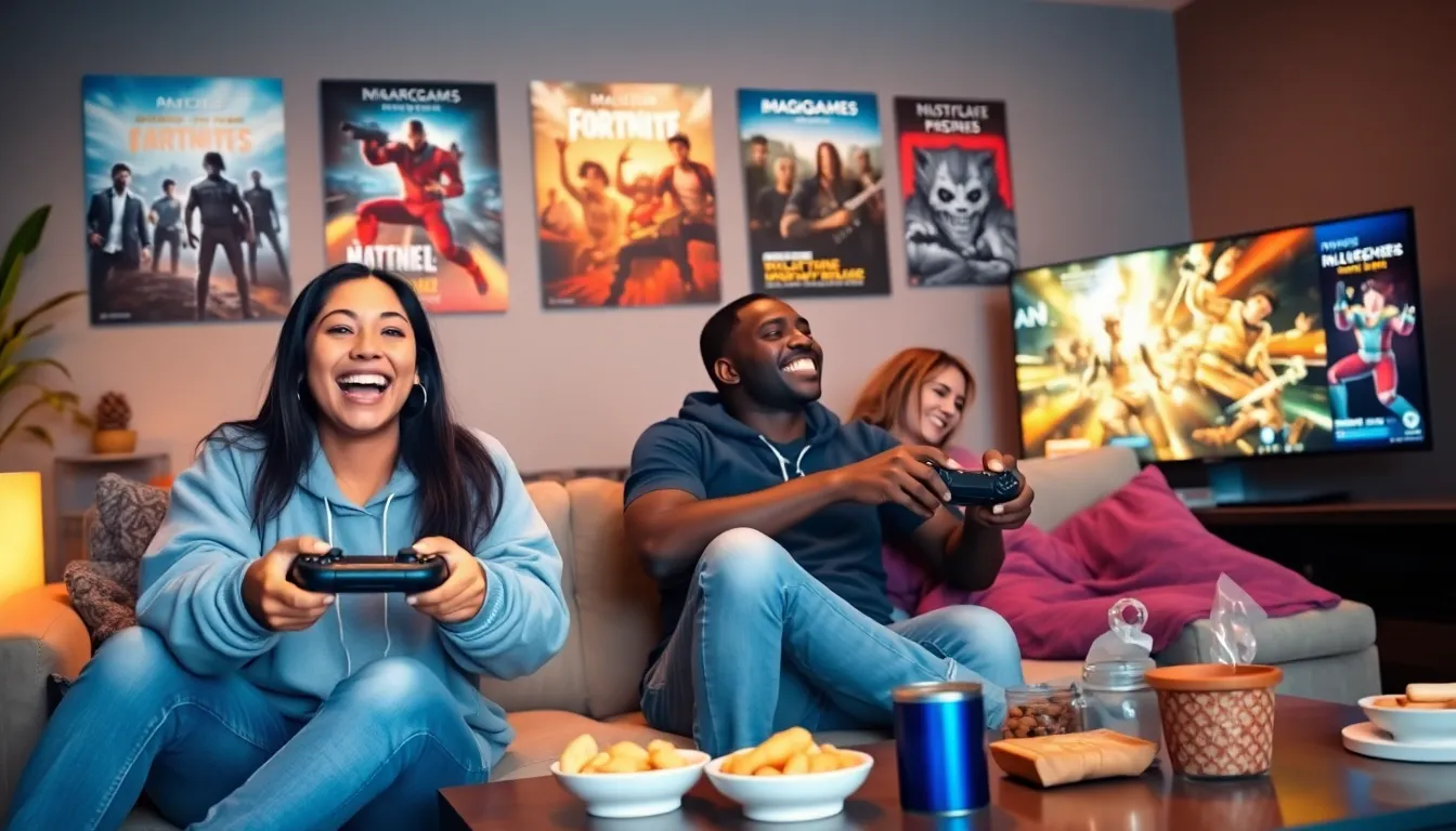 A diverse group of gamers enjoying ImagineerGames on PlayStation in a cozy living room.