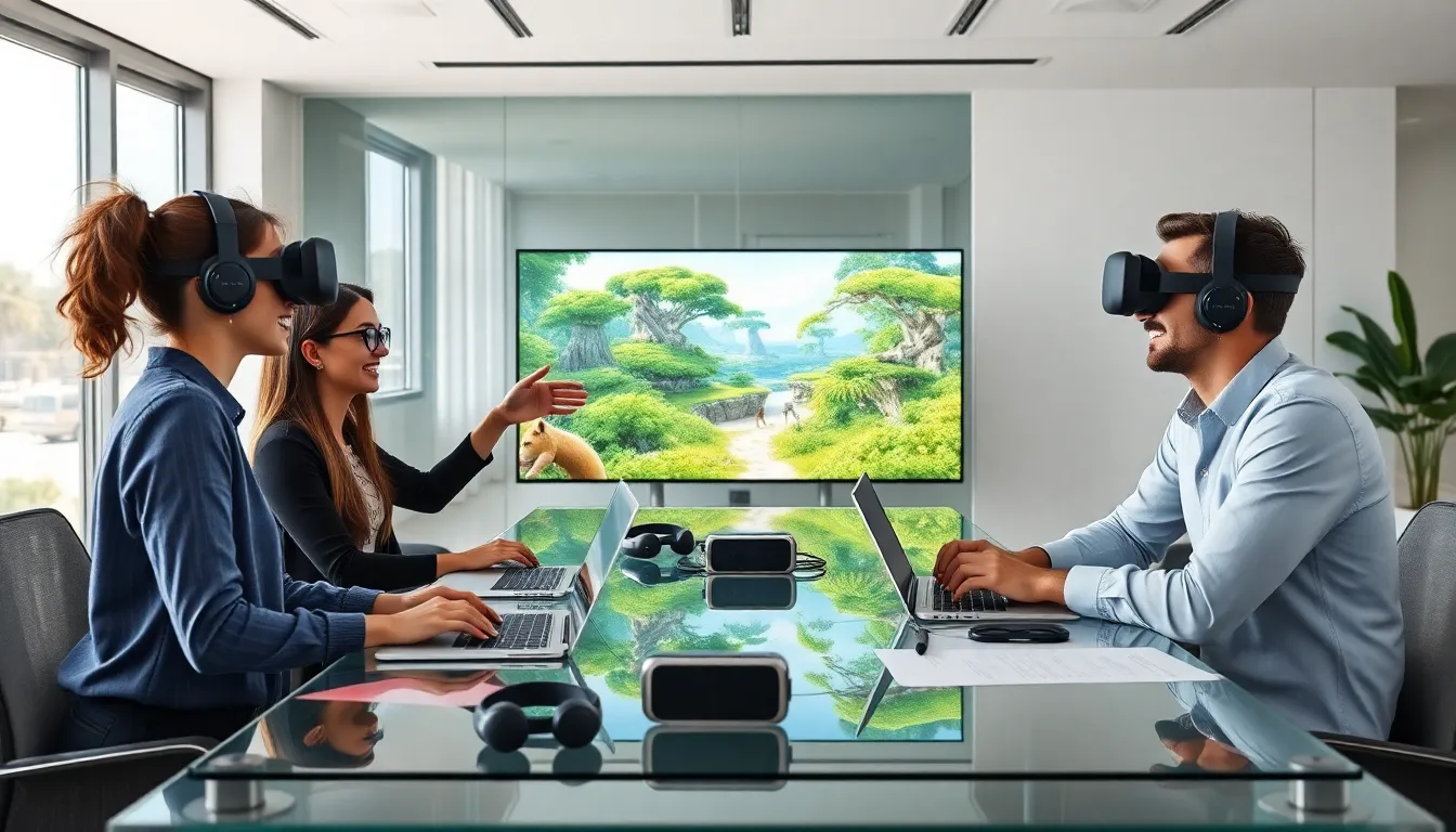 diverse team of virtual reality developers collaborating in a modern office.