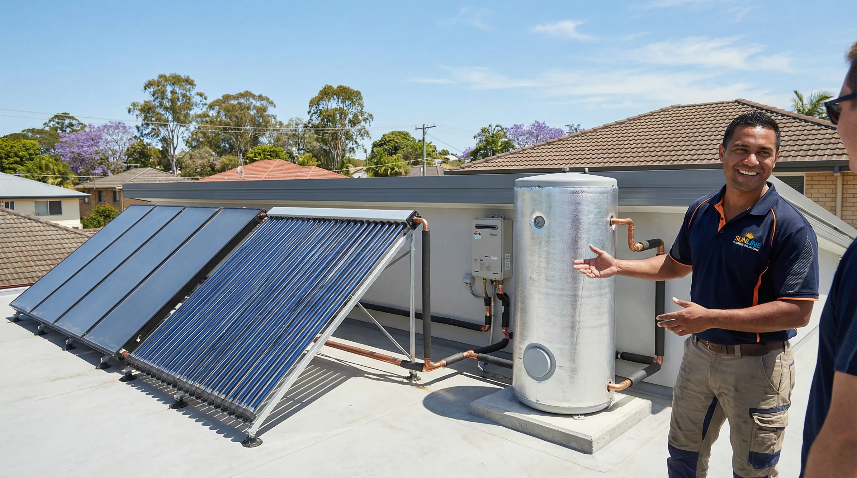Professional inspects solar hot water system on a Brisbane rooftop.