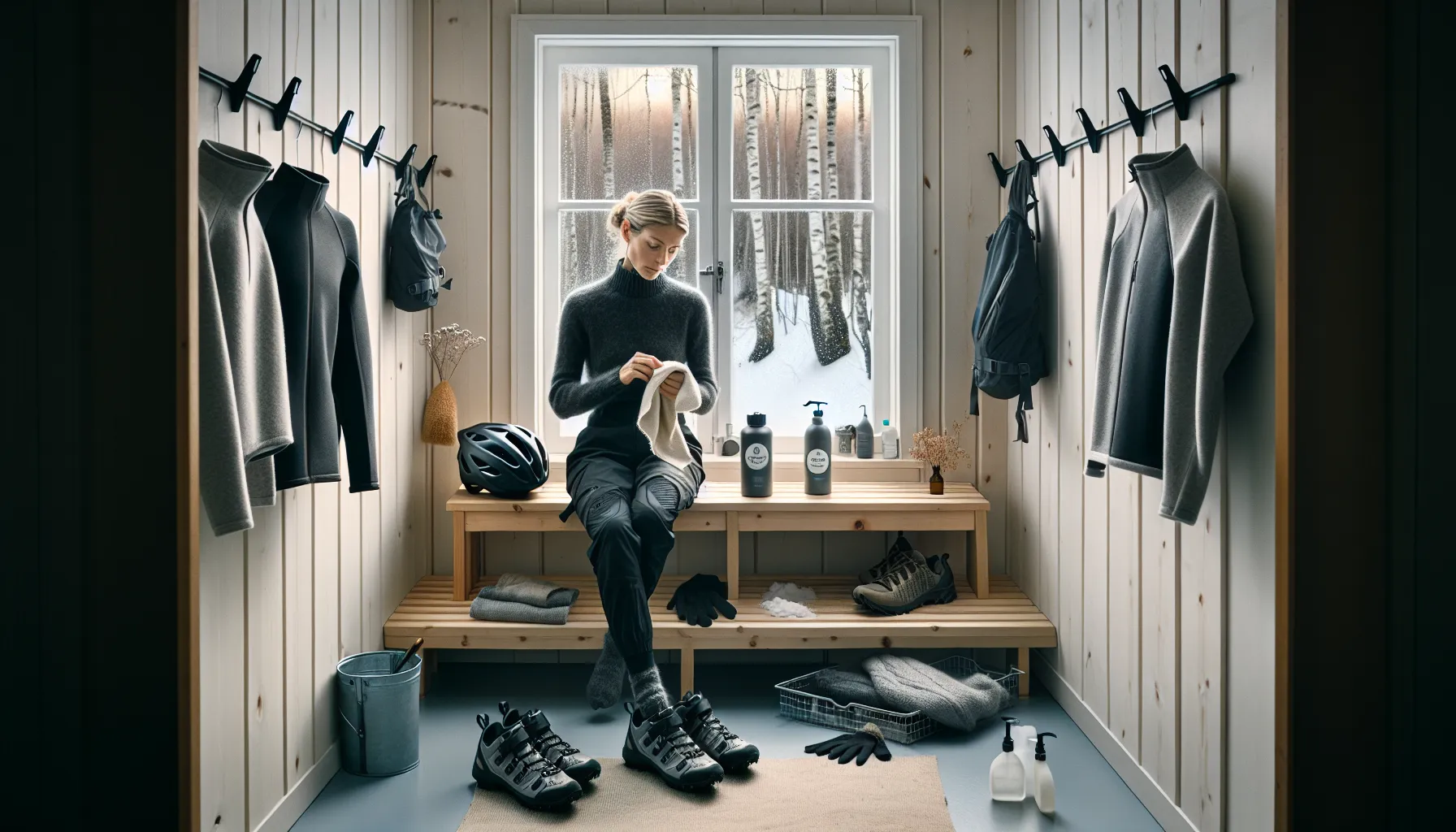 Slik lagrer du sportsutstyr uten å skade det 2 Norwegian woman prepping and air-drying sports gear in a ventilated mudroom.