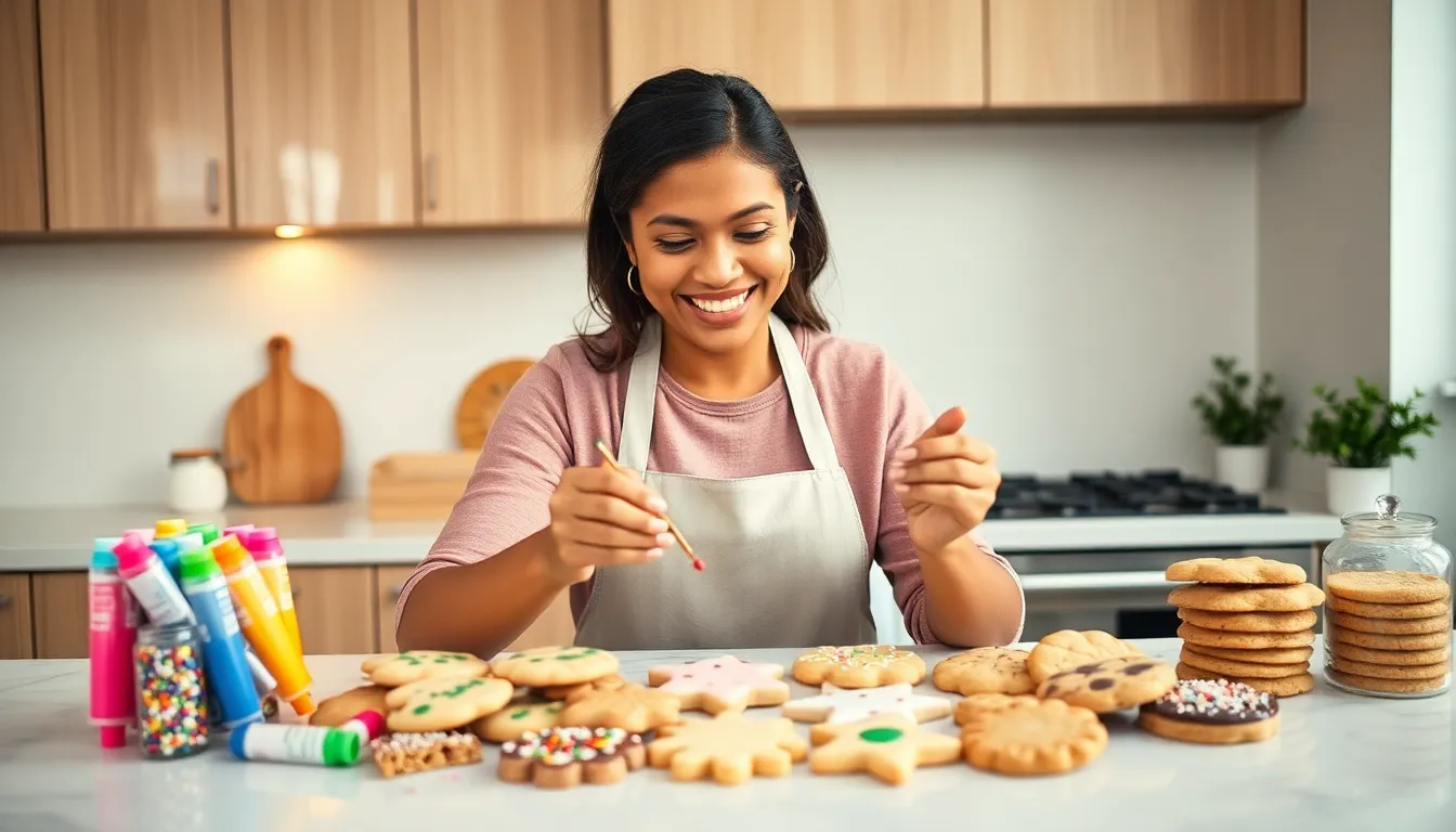 baker decorating cookies in a warm, inviting kitchen.