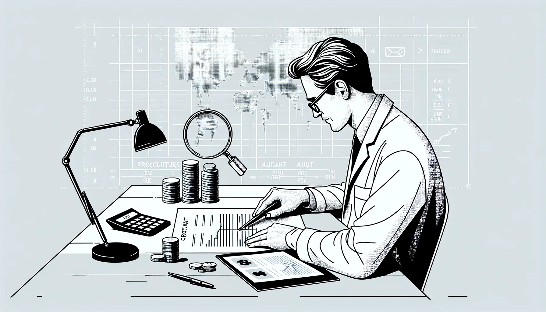 Dental associate examining a contract with magnifying glass and calculator.