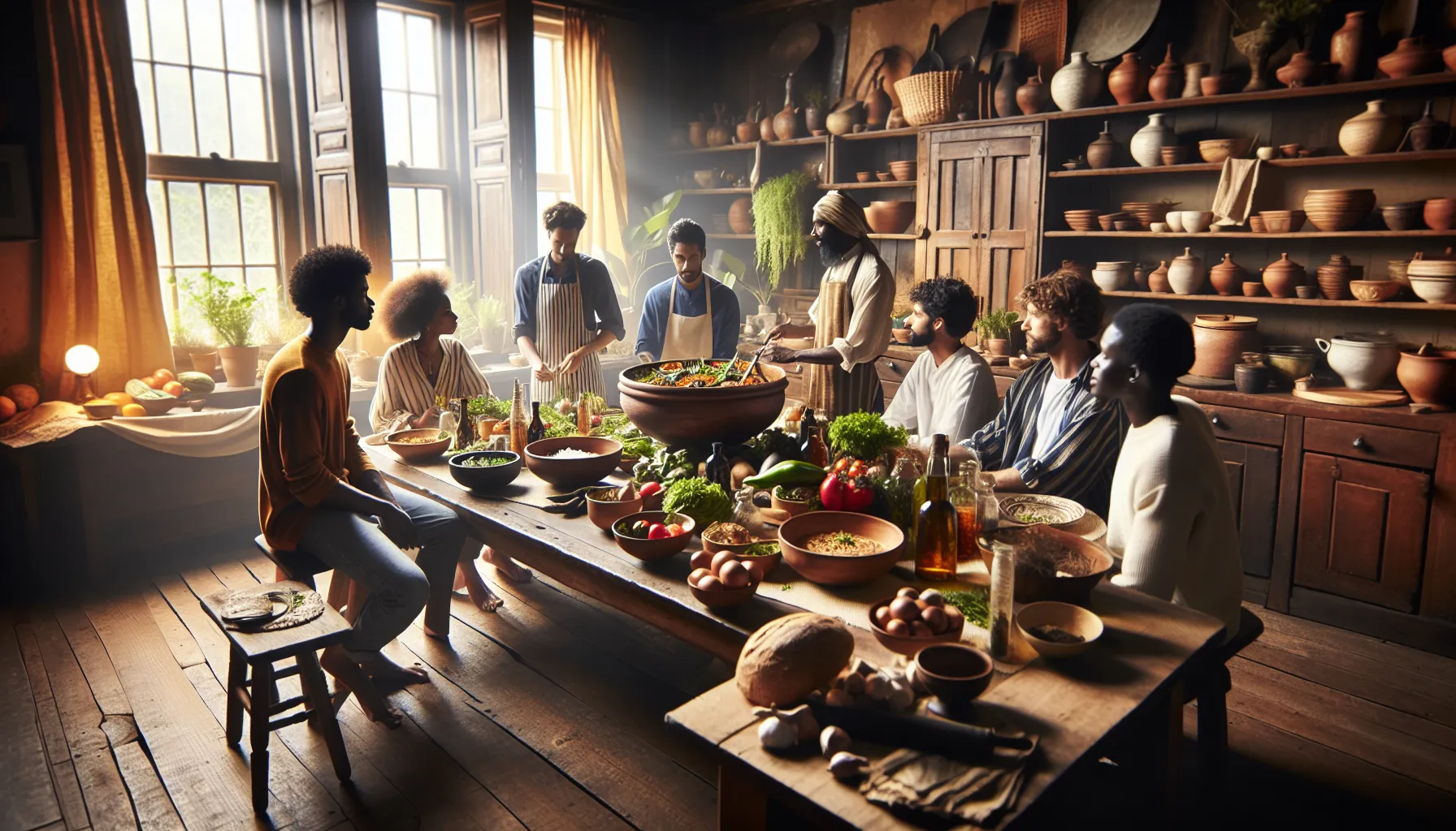 diverse group preparing Rasnkada in a warm kitchen setting.