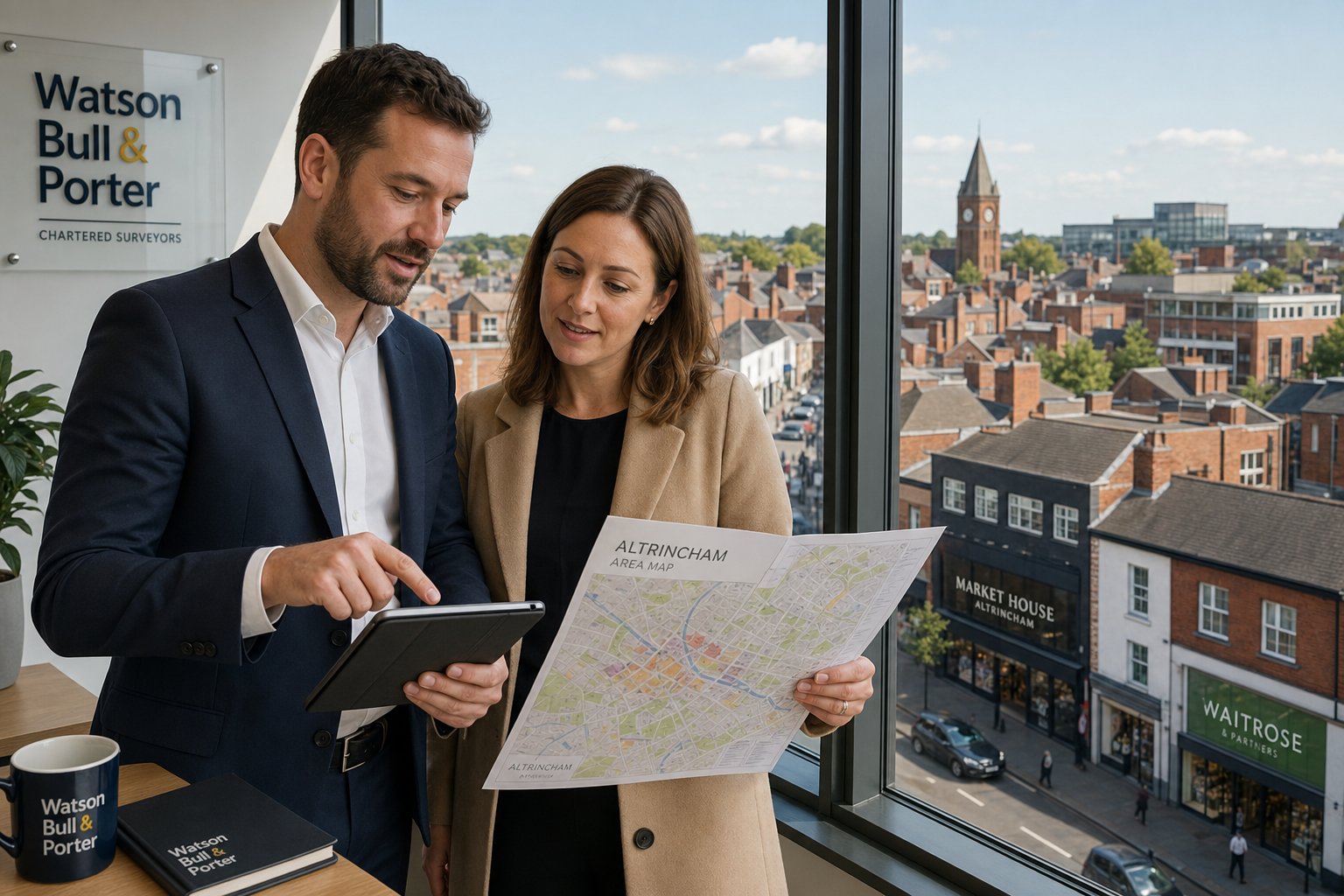 Adviser and client reviewing commercial property opportunities with an Altrincham view in the background.