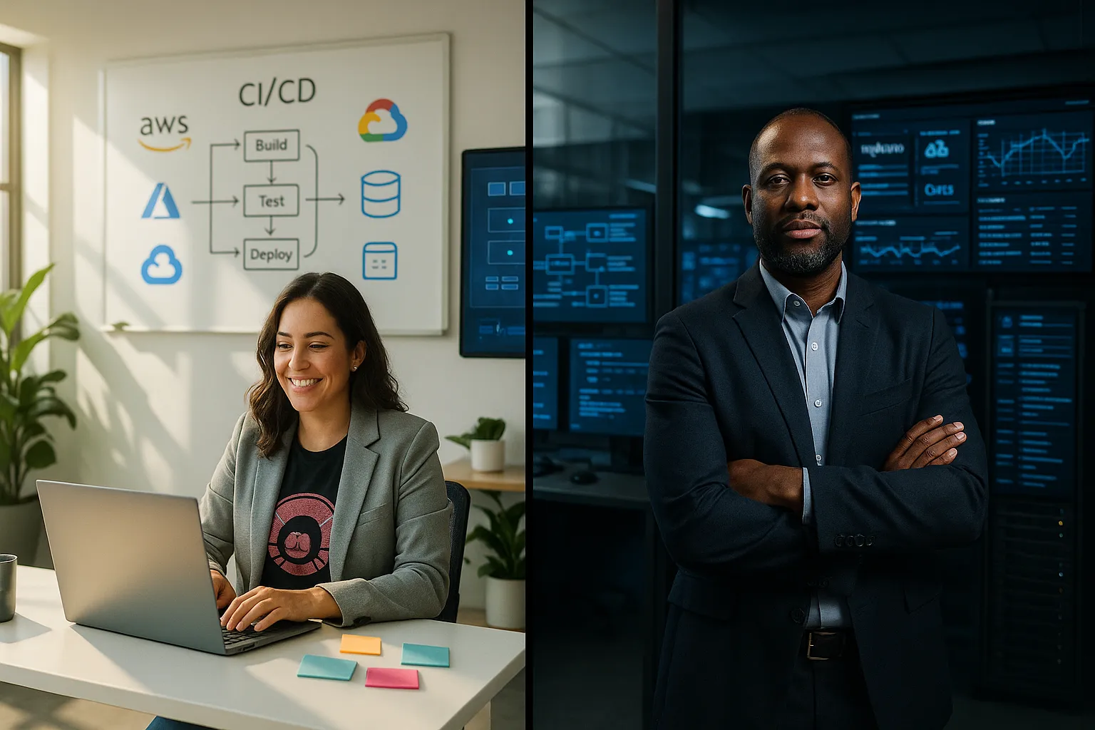 Two contrasting teams: cloud-native product team and enterprise ops control room.