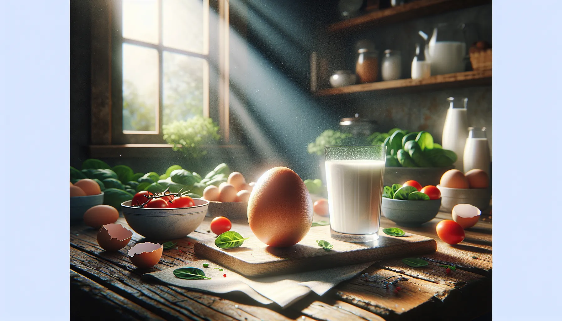 A fresh egg and a glass of milk on a wooden kitchen table.