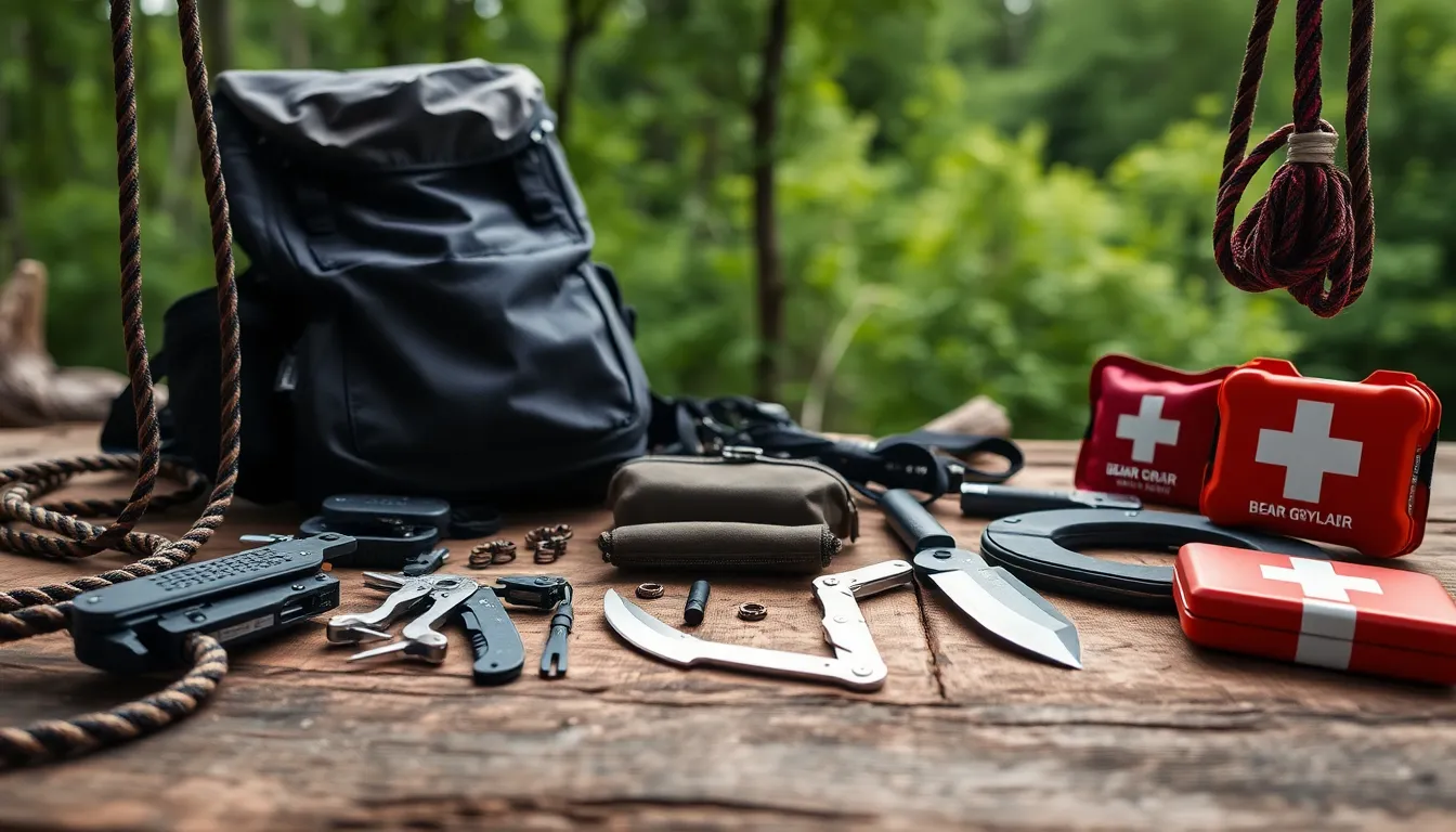 premium outdoor survival gear displayed on a rustic wooden table.