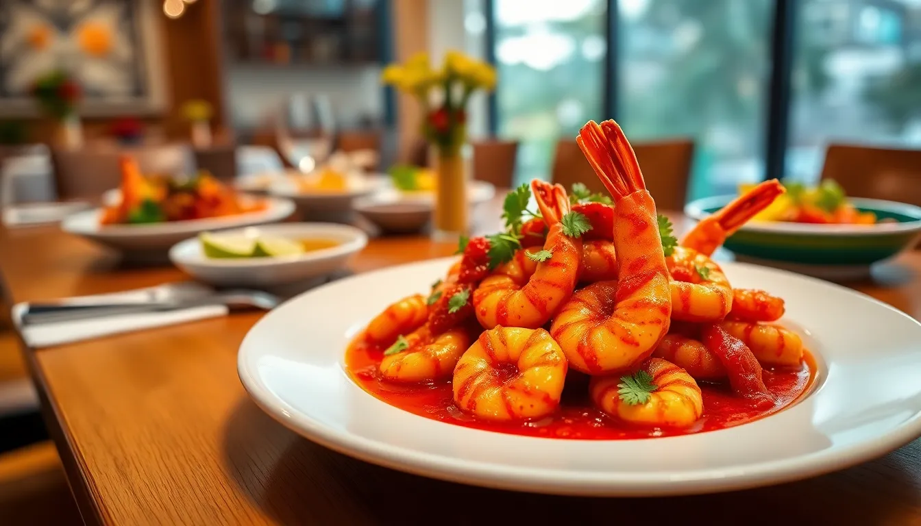 plate of Camarones Diablo in a stylish dining setting.