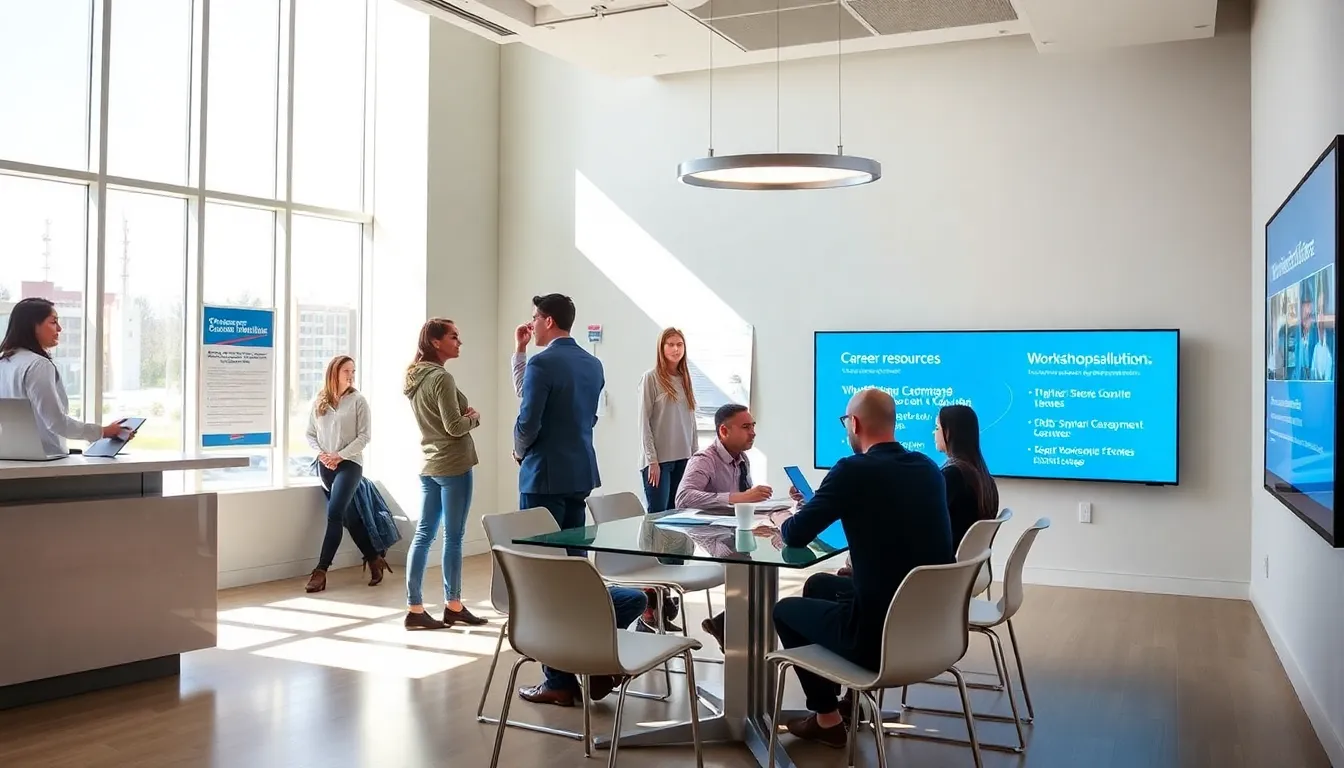 students interacting in a modern career development center.