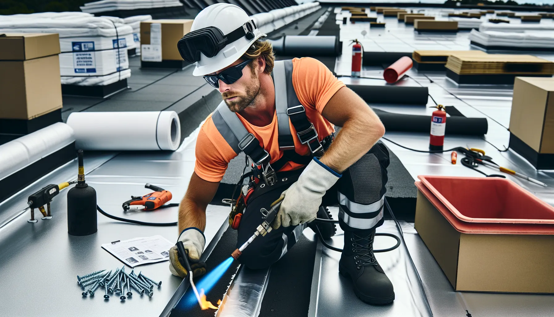Norwegian roofer torch-welding membrane around a roof drain on a guarded flat roof.