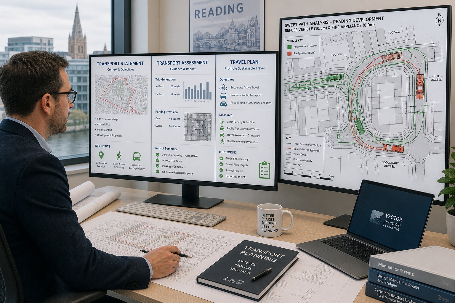 Traffic engineer reviewing transport reports and vehicle tracking plans in a modern office.