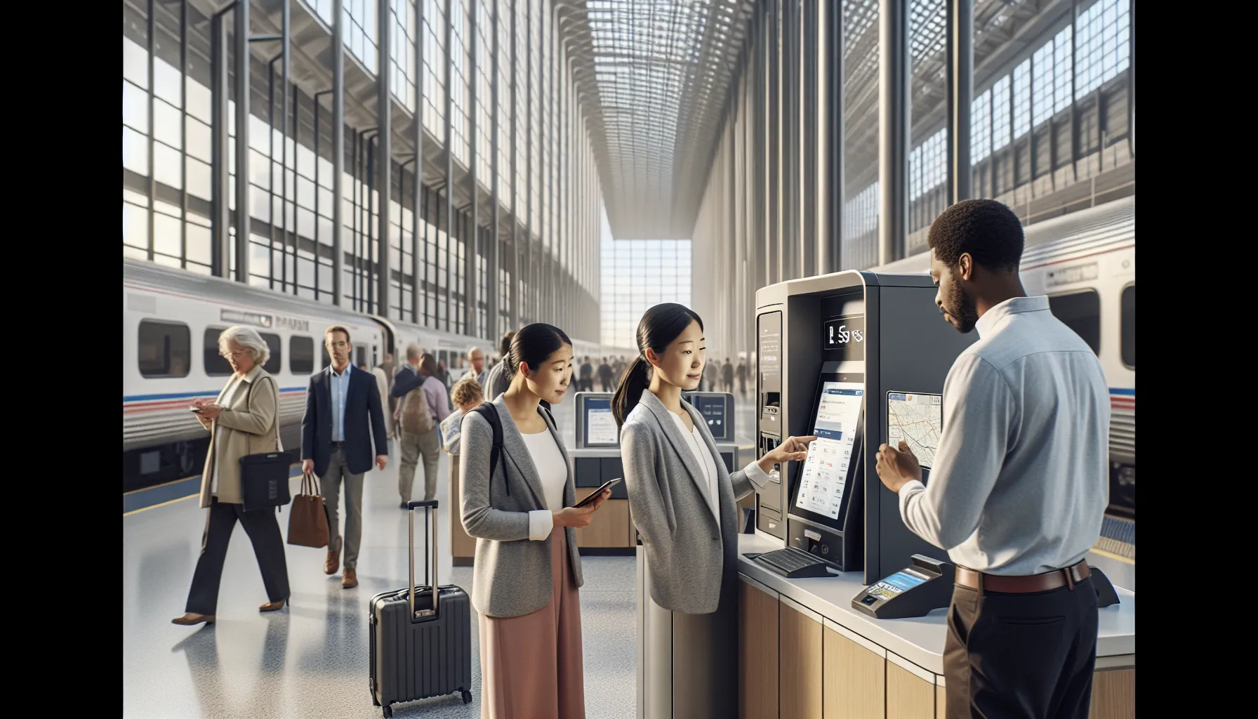 diverse passengers at a modern train station booking tickets.