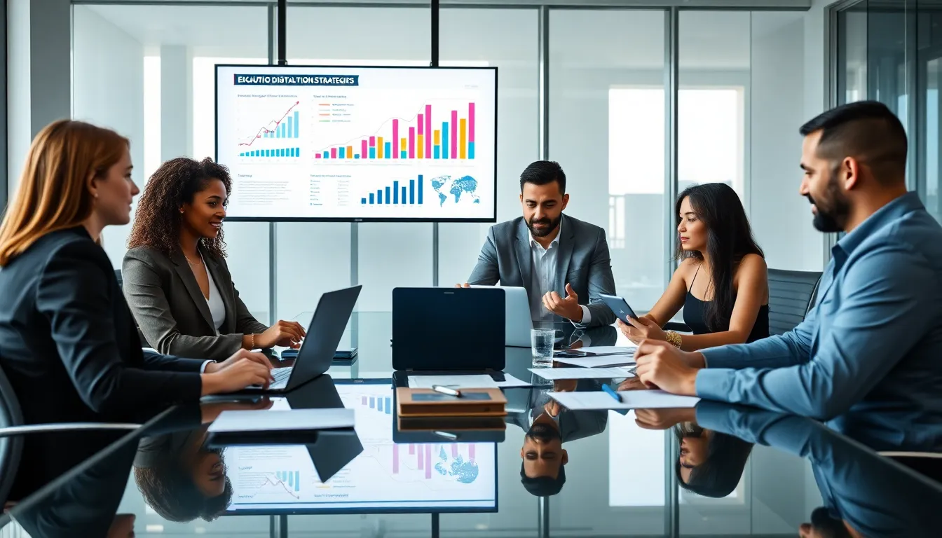 diverse marketing team discussing digital strategies in a modern office.