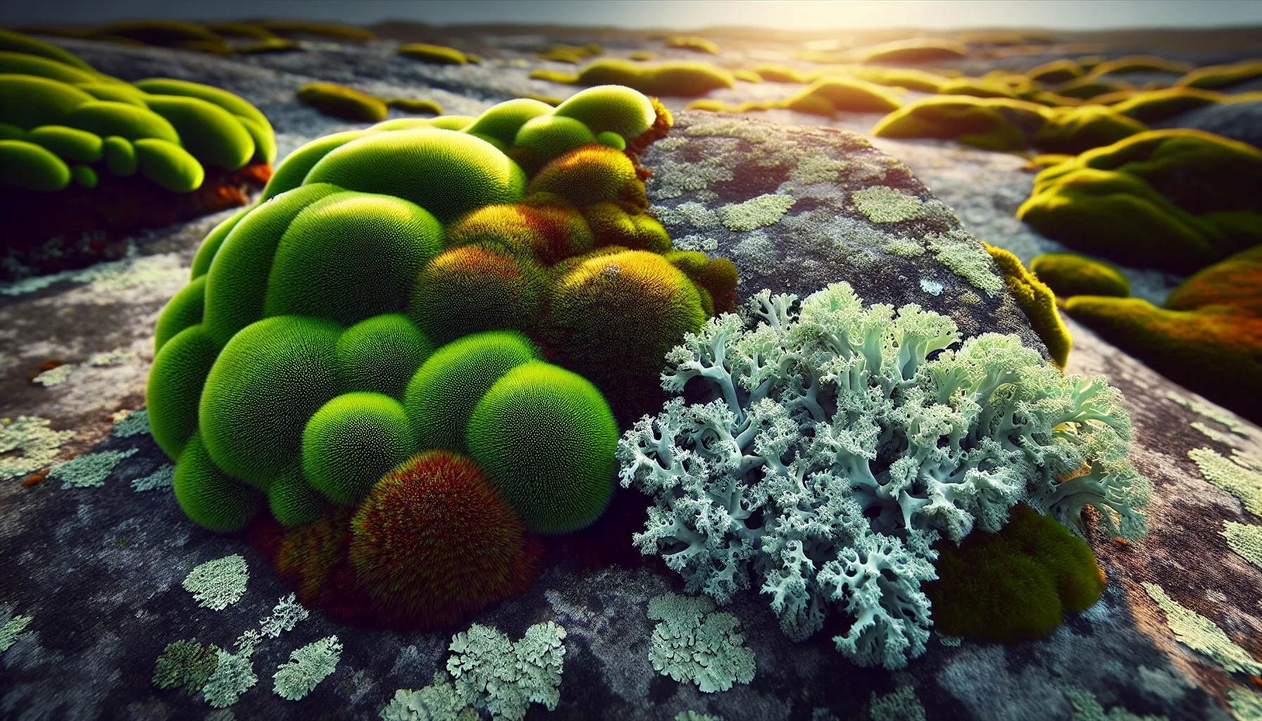 Moss and lichen growing on a rock surface, showcasing their distinctive features.