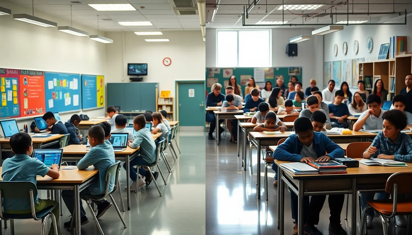 contrasting classrooms showcasing funding disparities in K-12 education.