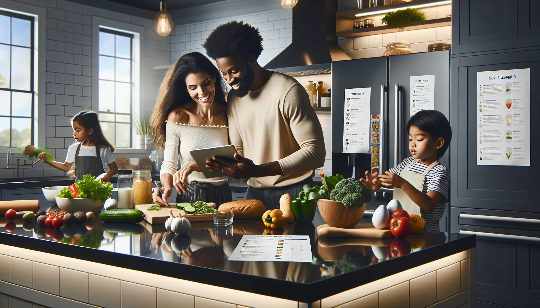 diverse family cooking together in a modern kitchen.