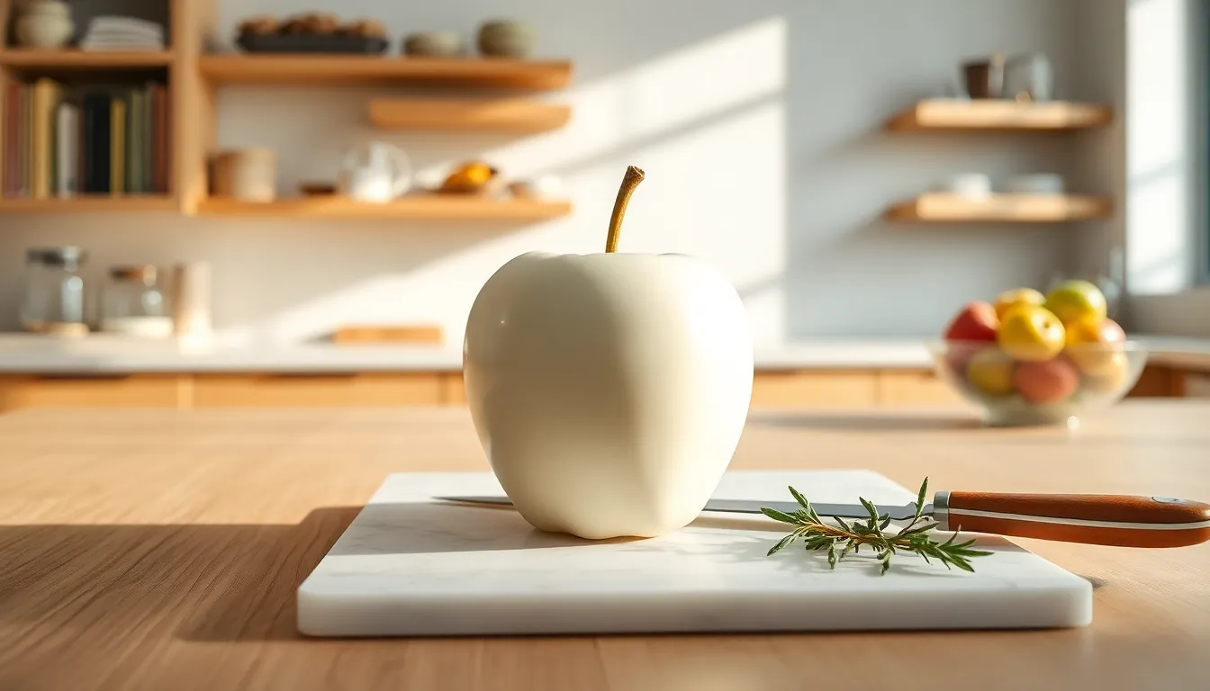 Bitclassic Applewhite apple on a countertop in a bright kitchen.