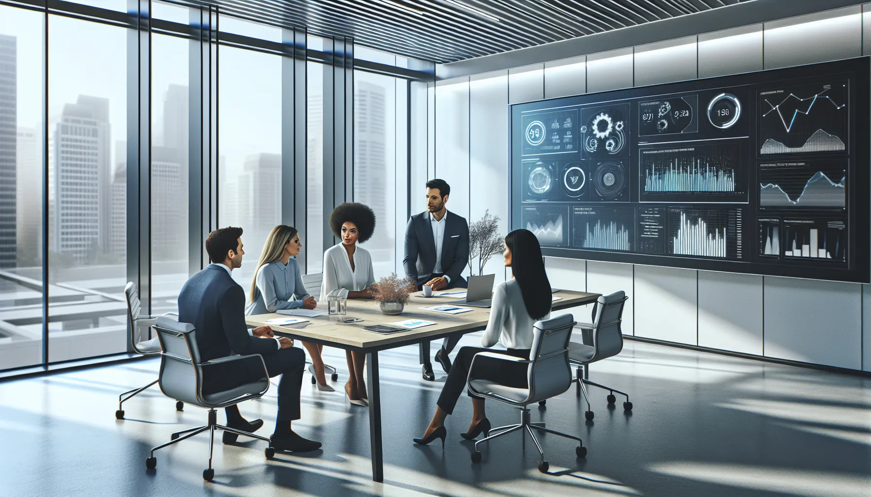 diverse team collaborating in a modern tech-focused workspace.