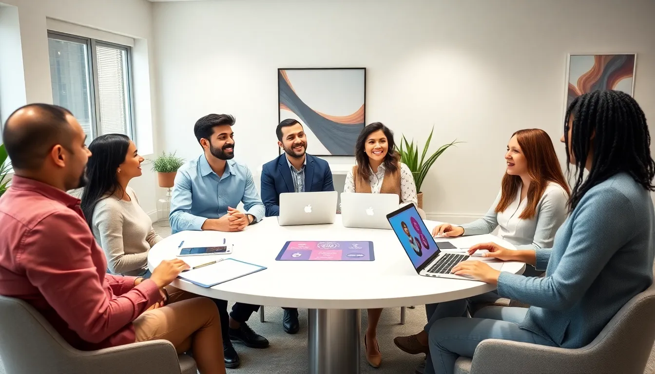diverse group discussing sexual wellness in a modern office.