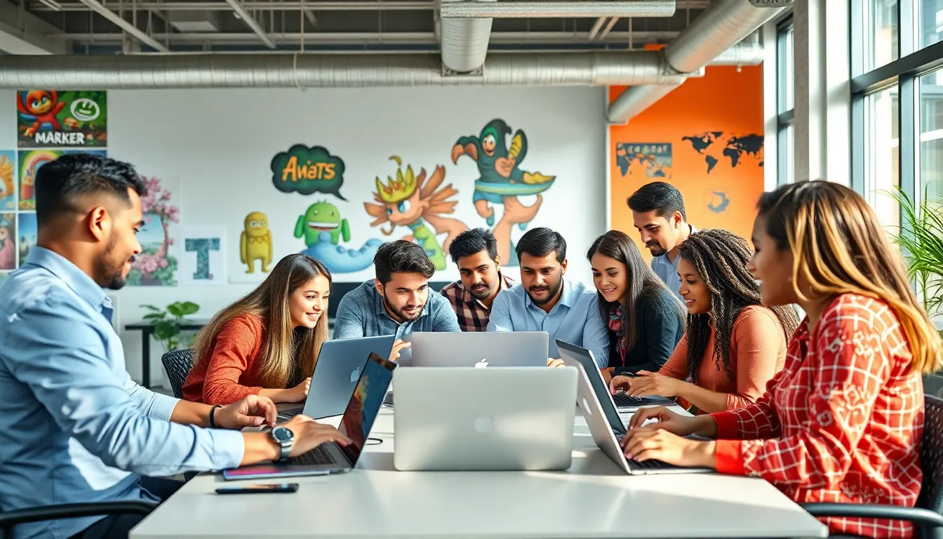 diverse game developers collaborating in a vibrant office.