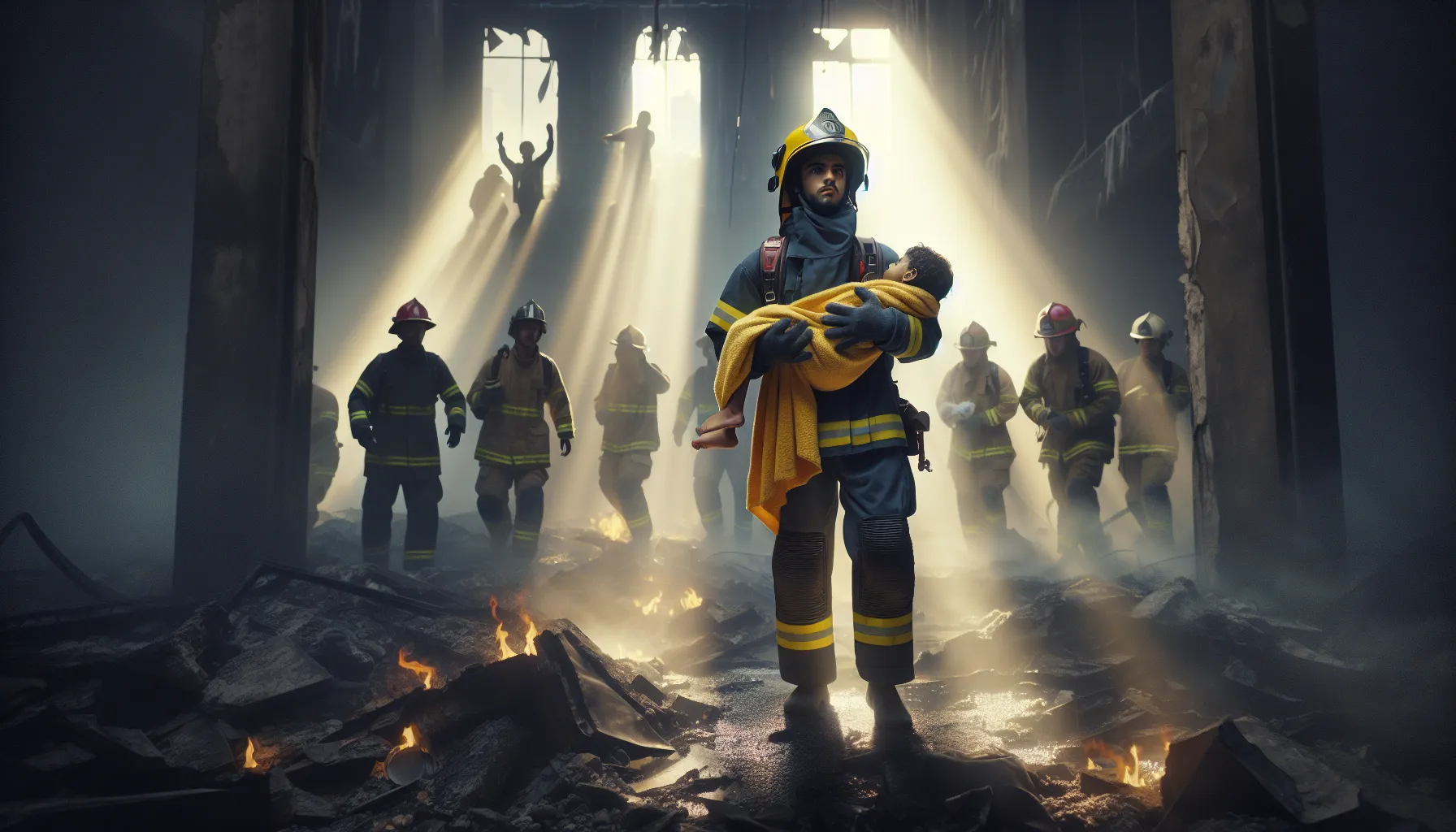 A firefighter rescuing a child from a burning building amidst heavy smoke.