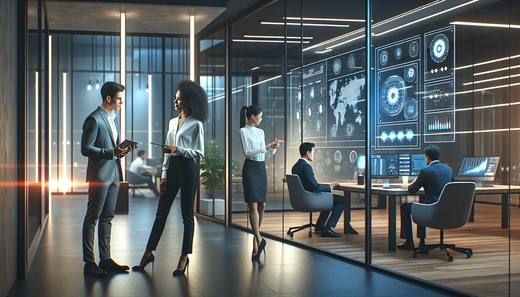 diverse team discussing future data implications in a modern office.